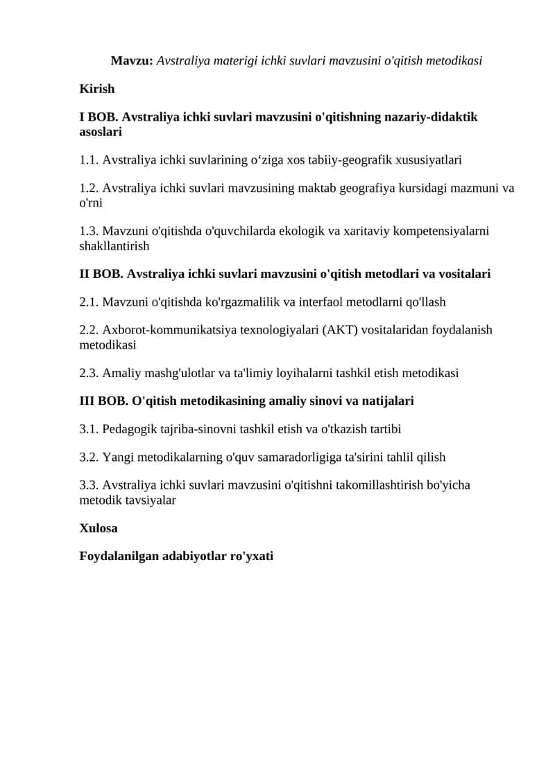Avstraliya materigi ichki suvlari mavzusini o'qitish metodikasi