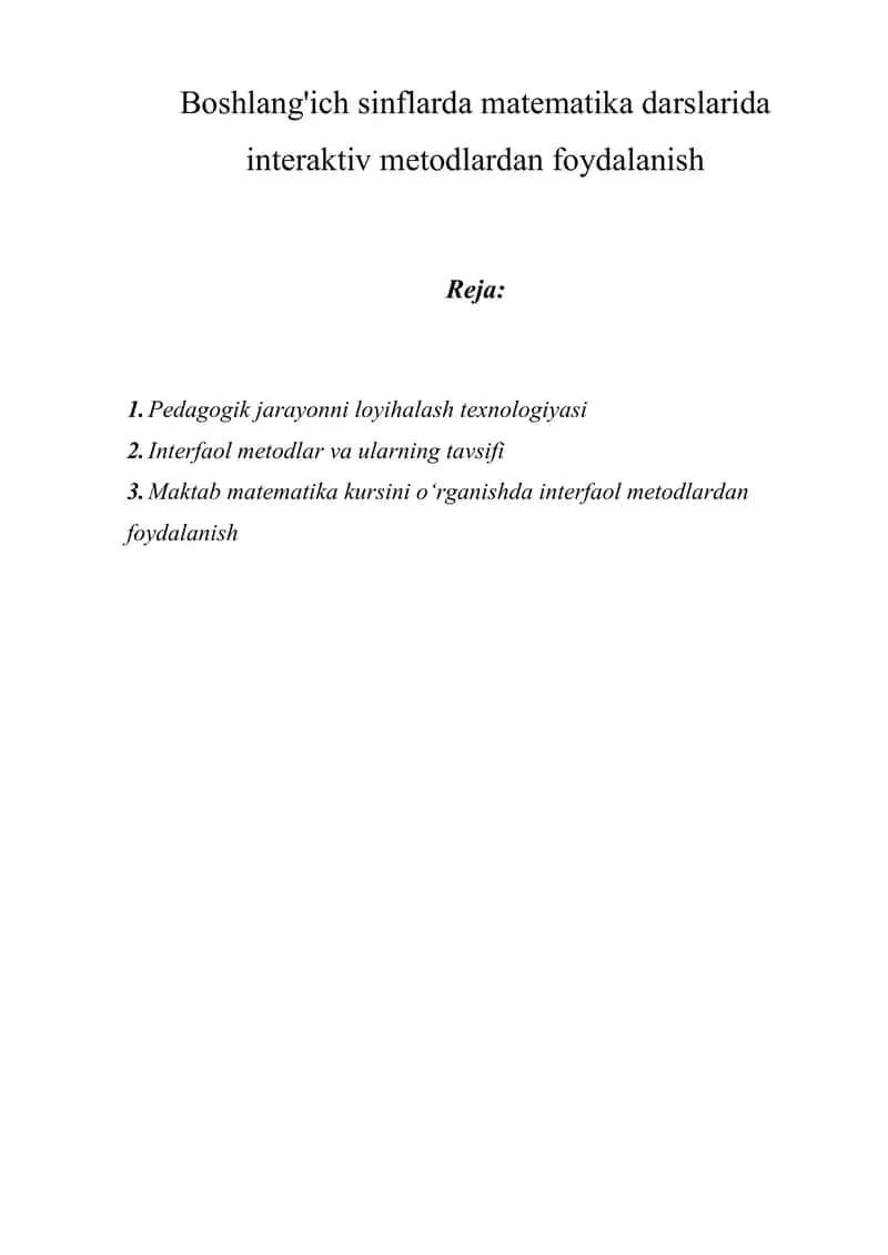 Boshlang'ich sinflarda matematika darslarida interaktiv metodlardan foydalanish