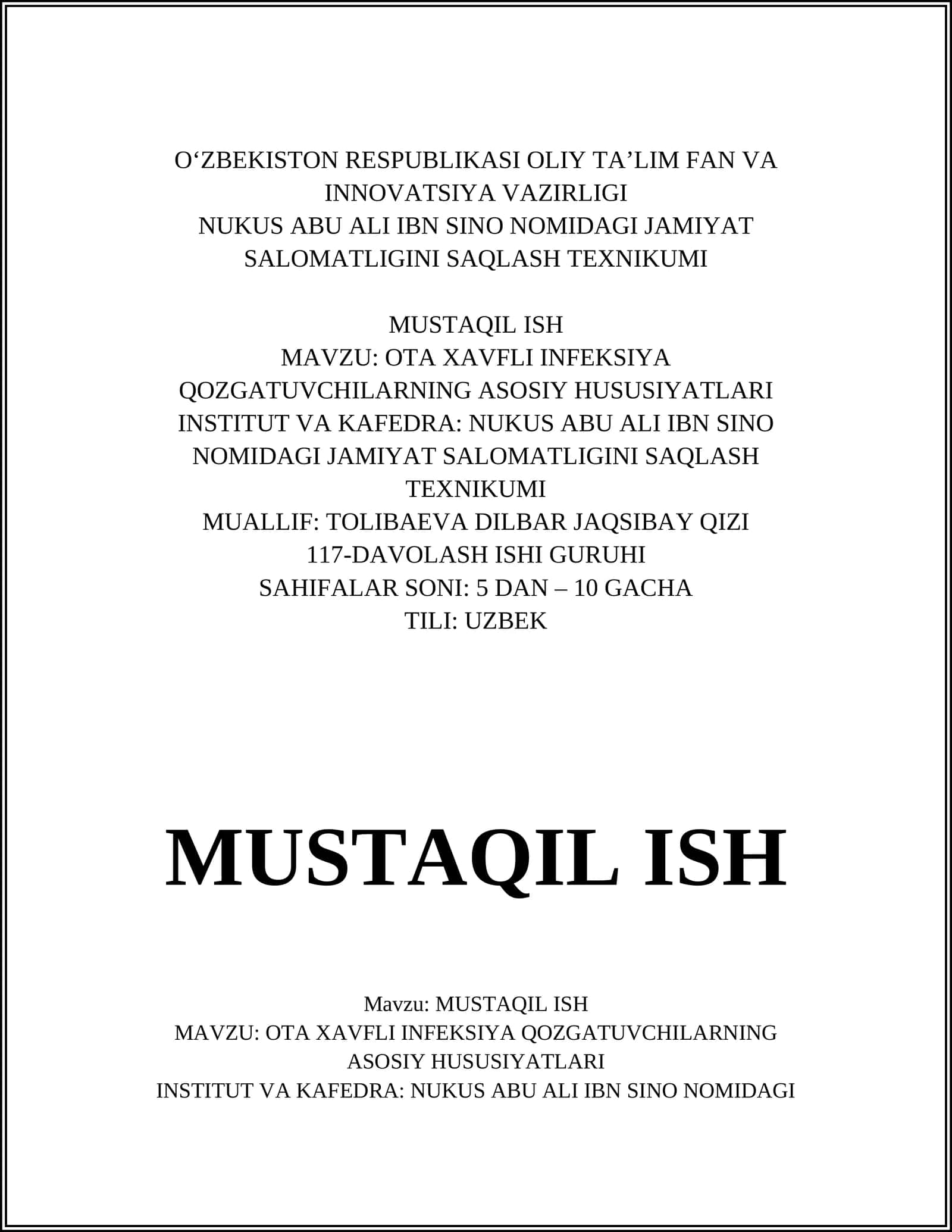 OTA XAVFLI INFEKSIYA QOZGATUVCHILARNING ASOSIY HUSUSIYATLARI