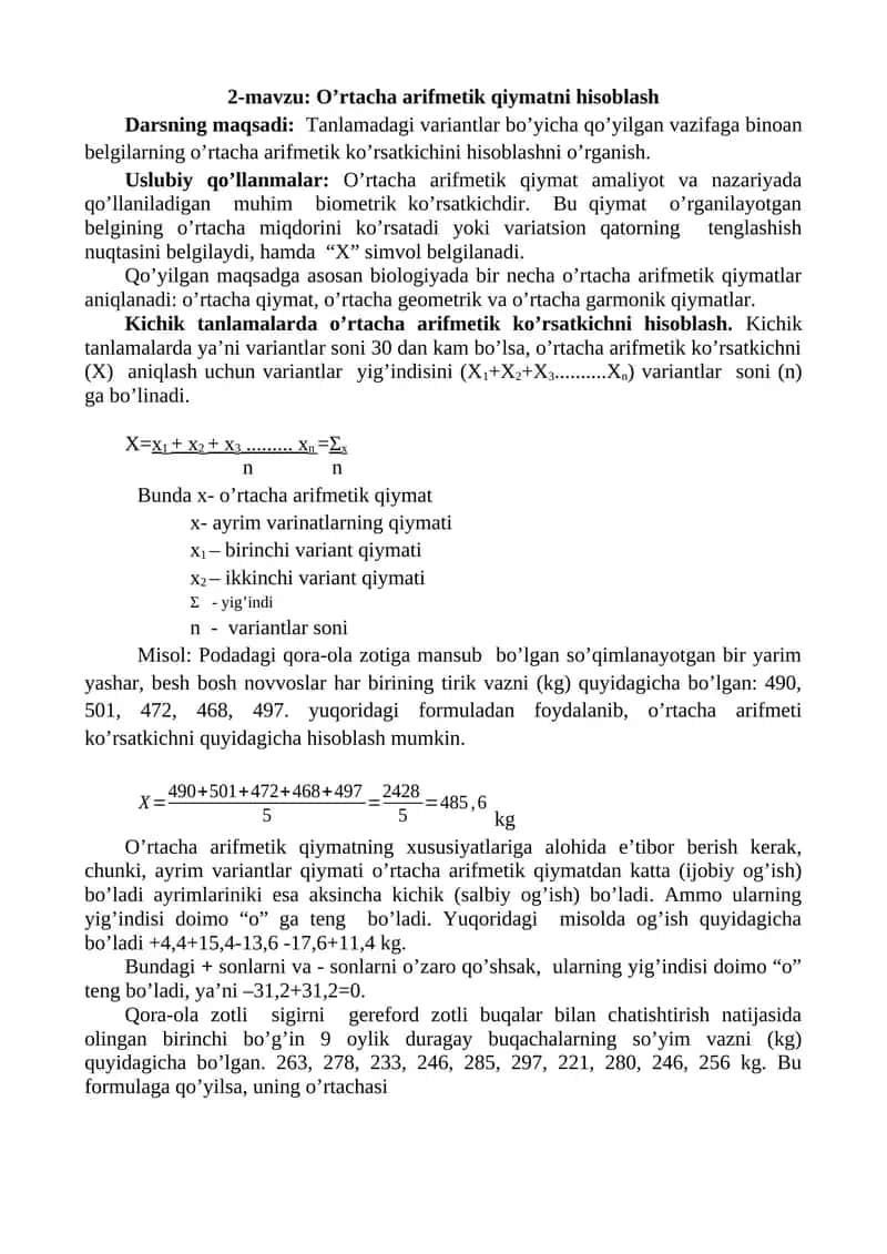 O’rtacha arifmetik qiymatni hisoblash