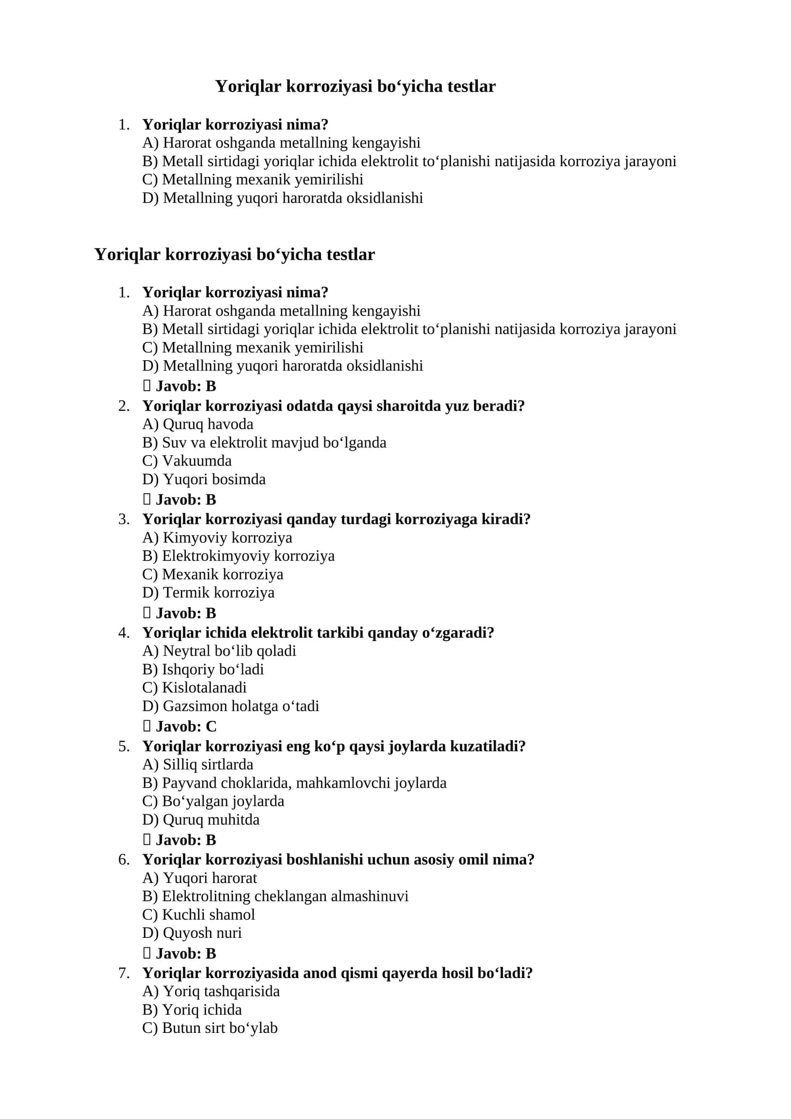 Yoriqlar korroziyasi bo‘yicha testlar