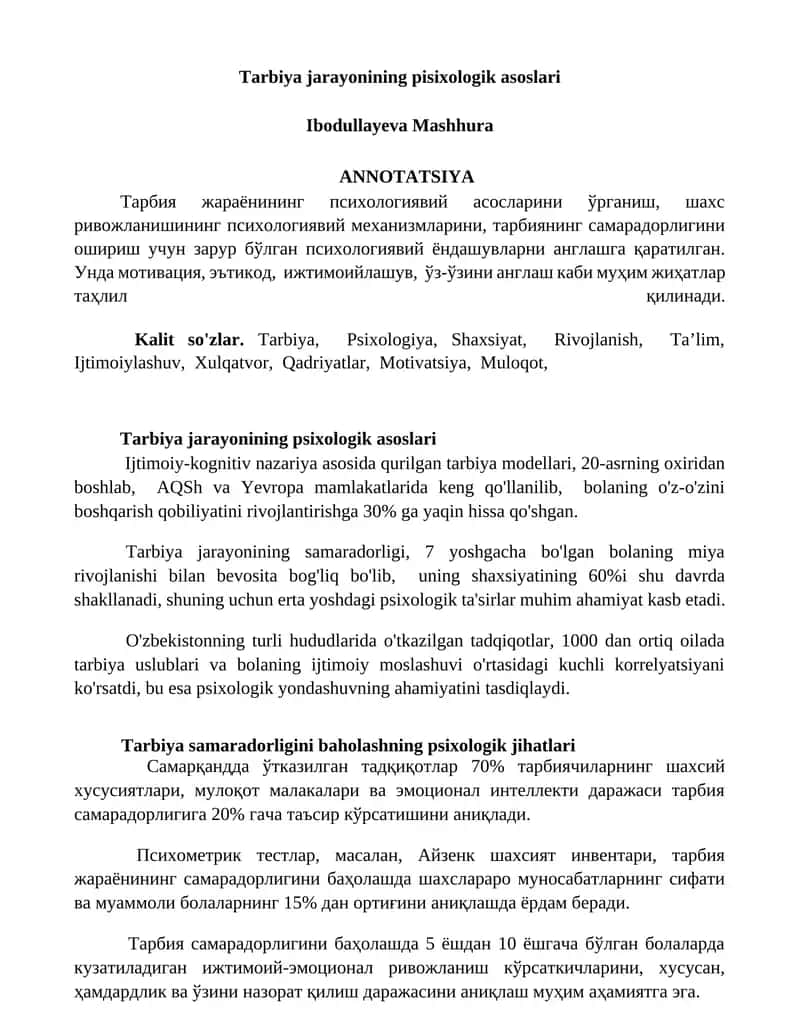 Tarbiya jarayonining pisixologik asoslari