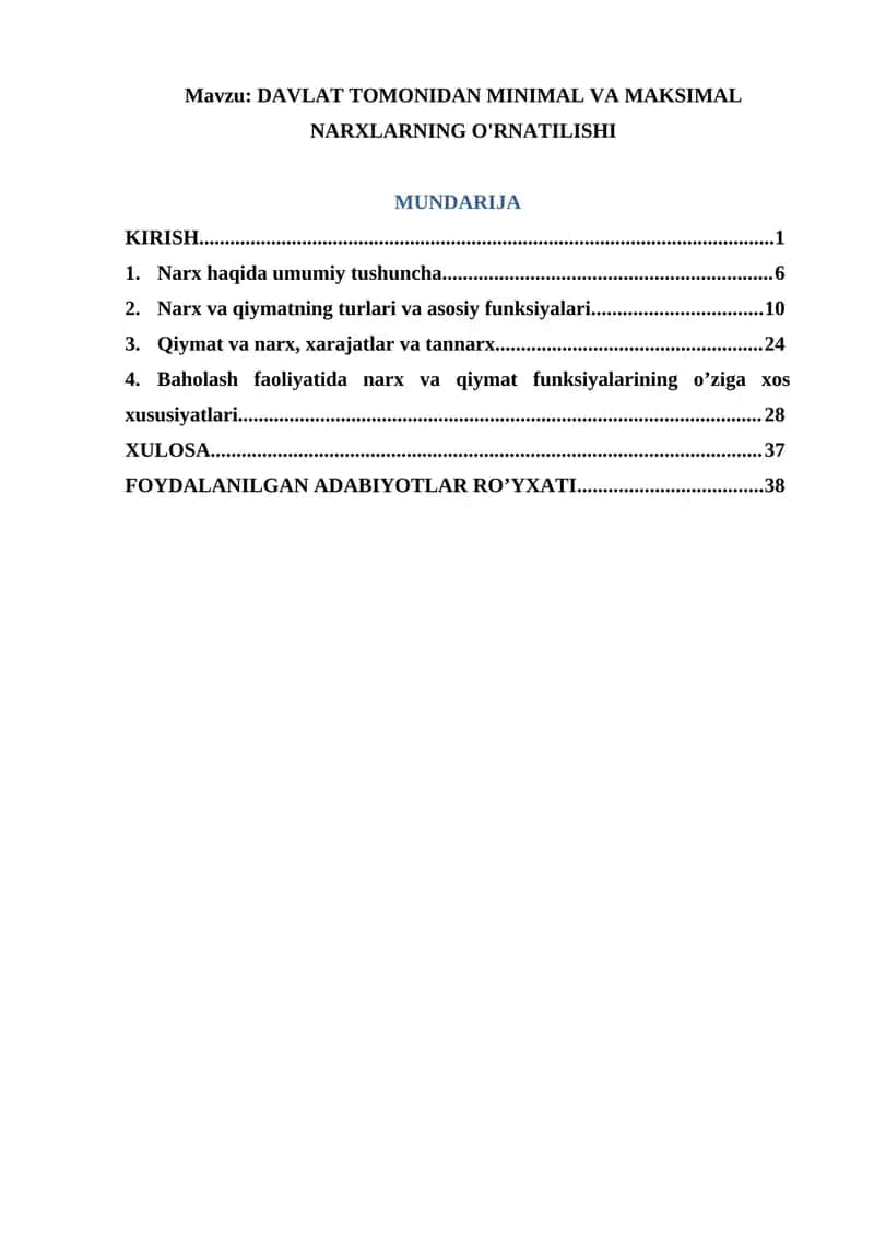 DAVLAT TOMONIDAN MINIMAL VA MAKSIMAL NARXLARNING O'RNATILISHI