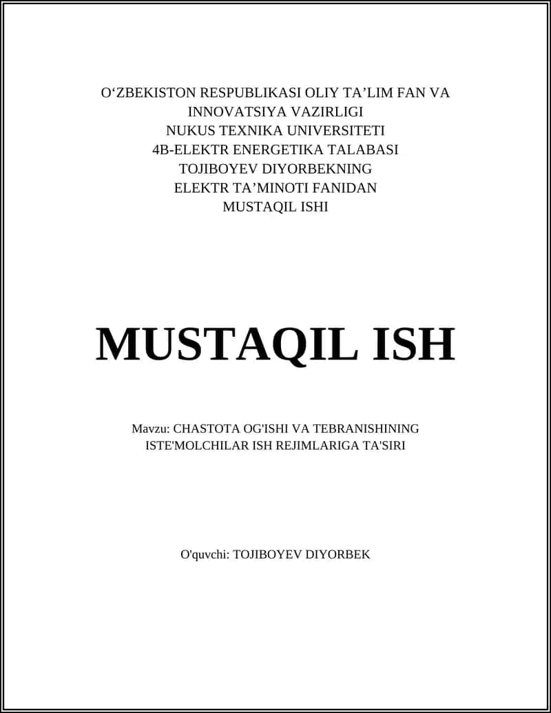 CHASTOTA OG'ISHI VA TEBRANISHINING ISTE'MOLCHILAR ISH REJIMLARIGA TA'SIRI