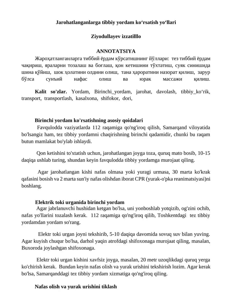 Jarohatlanganlarga tibbiy yordam koʻrsatish yoʻllari