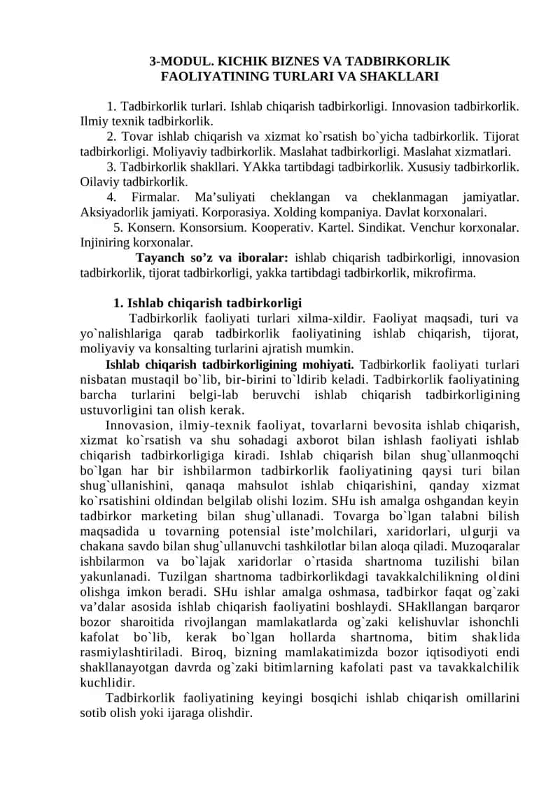 KICHIK BIZNES VA TADBIRKORLIK