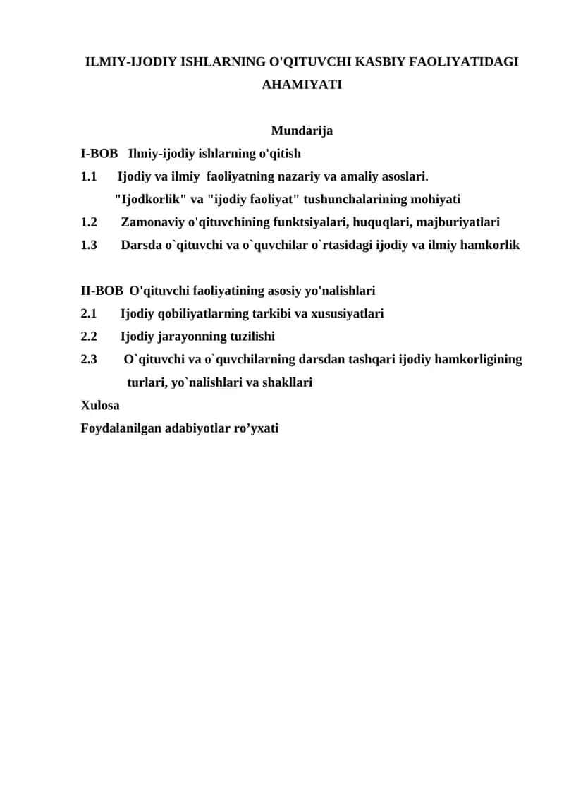ILMIY-IJODIY ISHLARNING O'QITUVCHI KASBIY FAOLIYATIDAGI AHAMIYATI