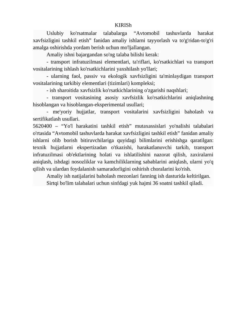 Avtomobil tashuvlarda harakat xavfsizligini tashkil etish