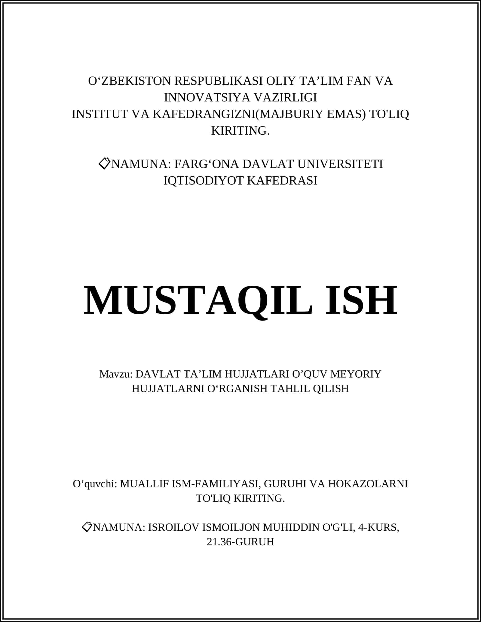 DAVLAT TAʼLIM HUJJATLARI OʼQUV MEYORIY HUJJATLARNI OʻRGANISH TAHLIL QILISH