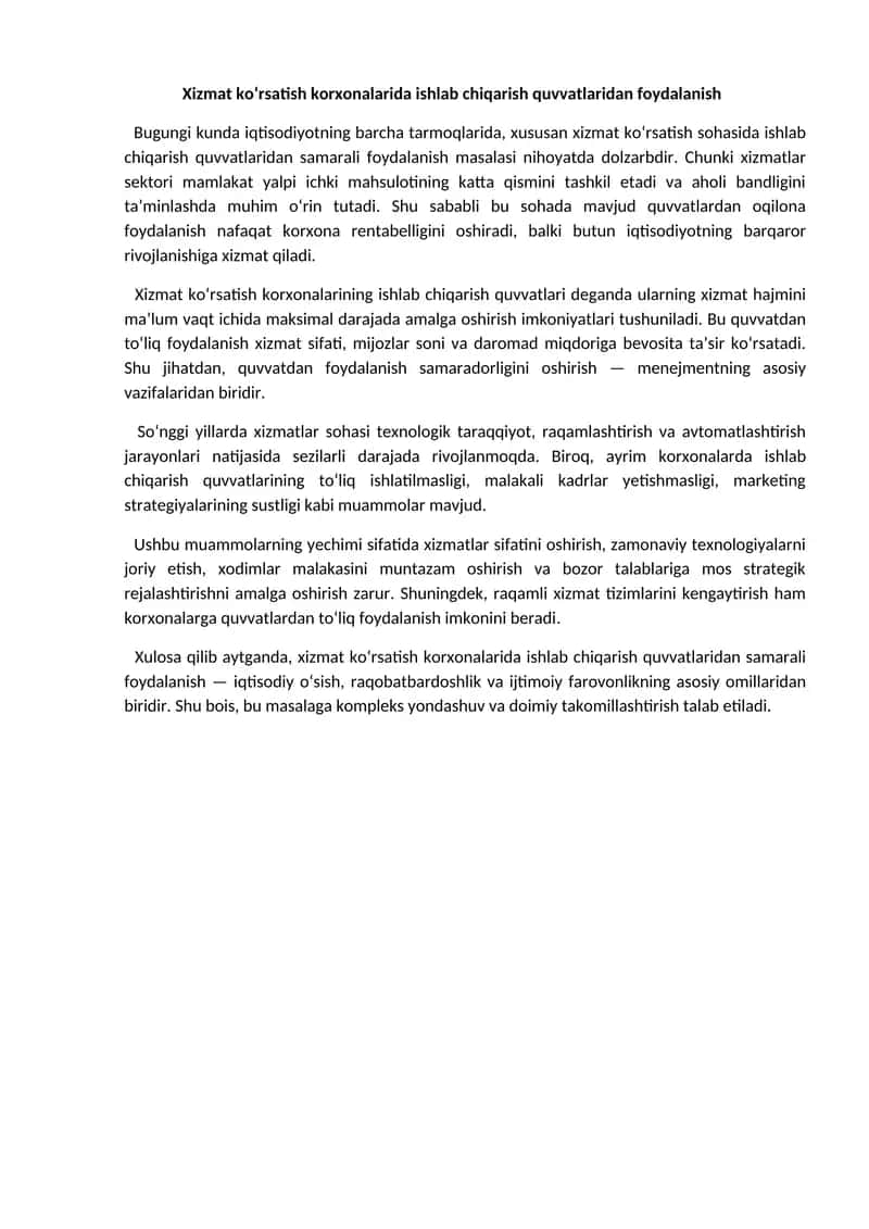 Xizmat ko‘rsatish korxonalarida ishlab chiqarish quvvatlaridan foydalanish