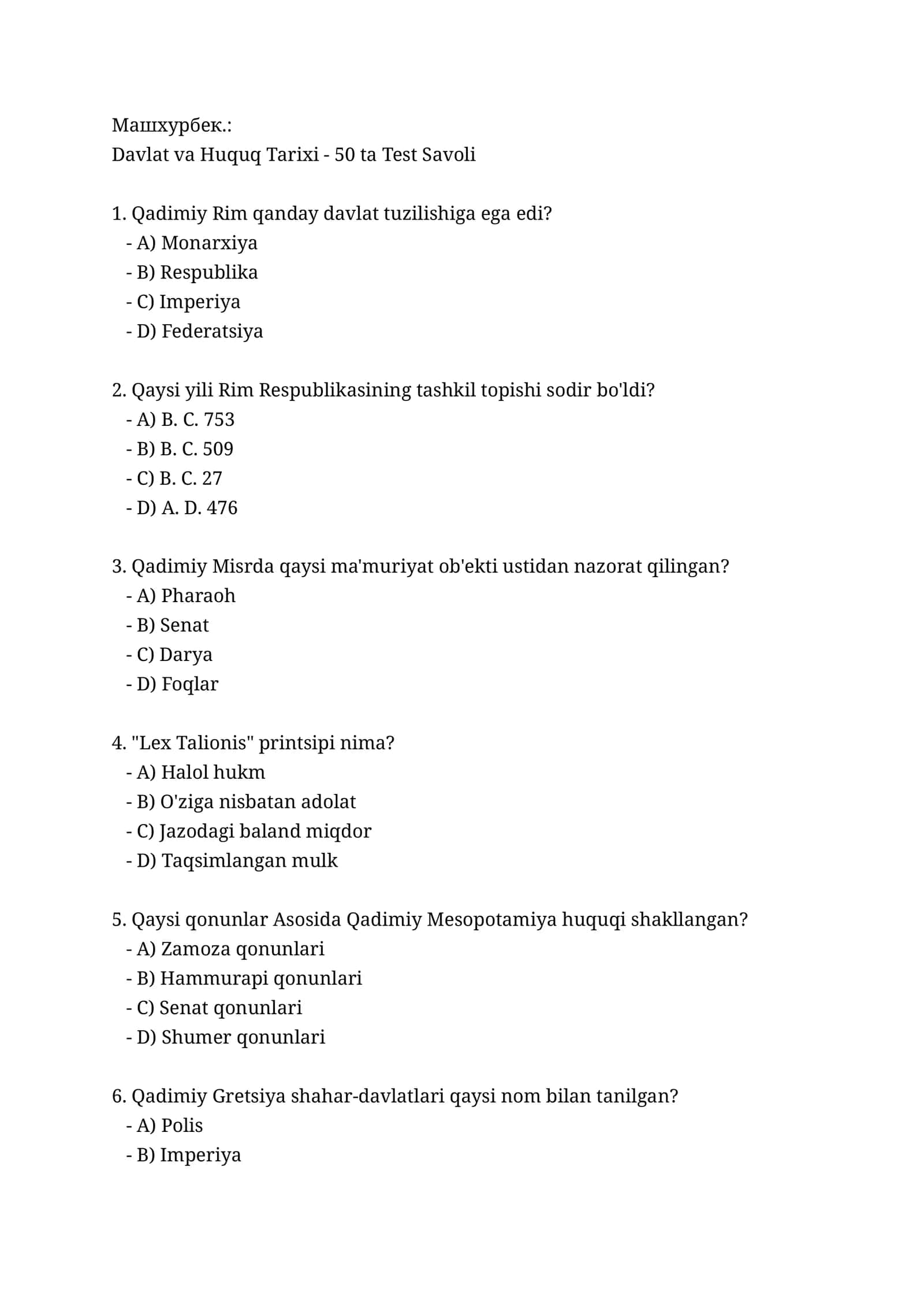 Davlat va Huquq Tarixi - 50 ta Test Savoli