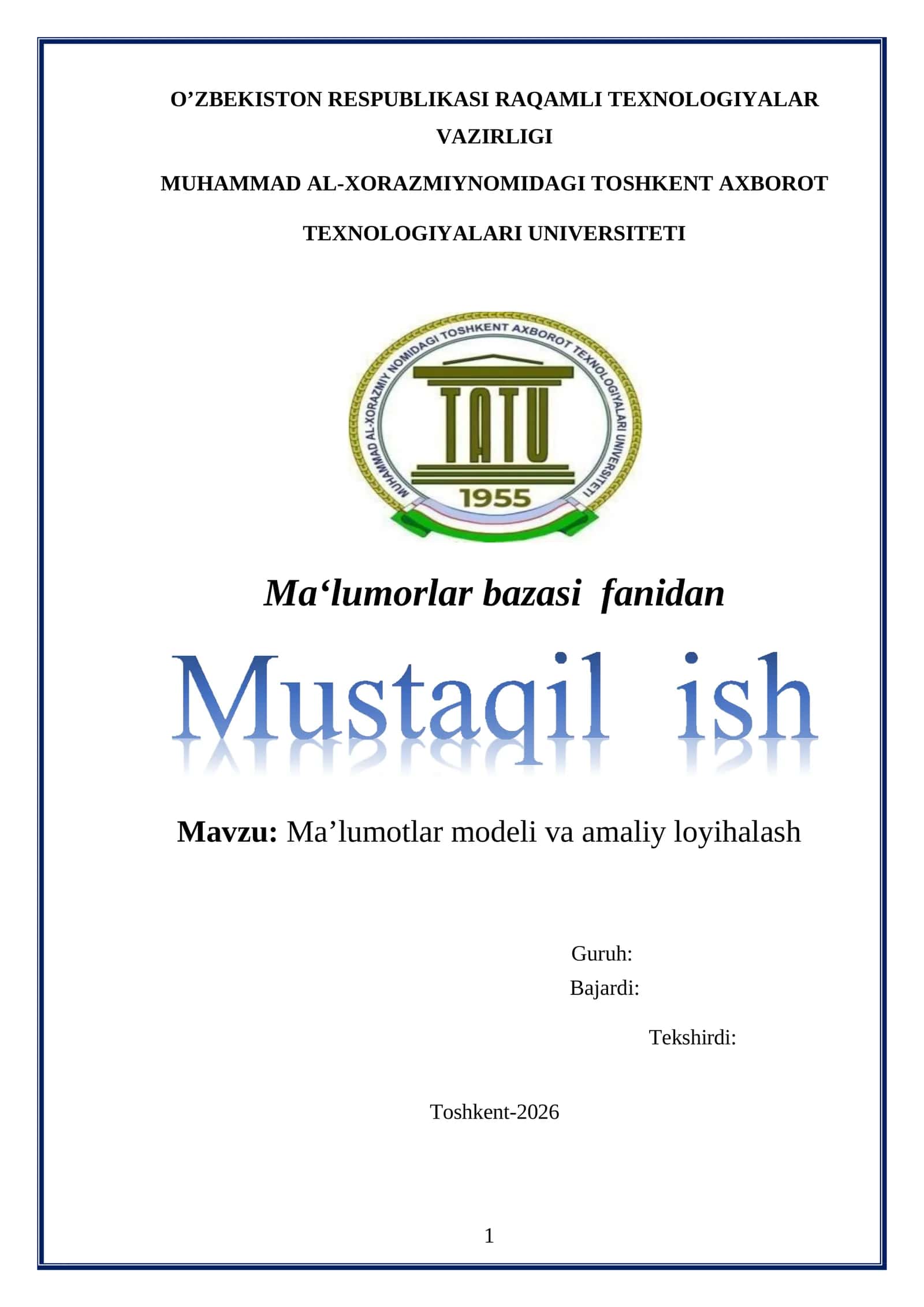 Ma’lumotlar modeli va amaliy loyihalash