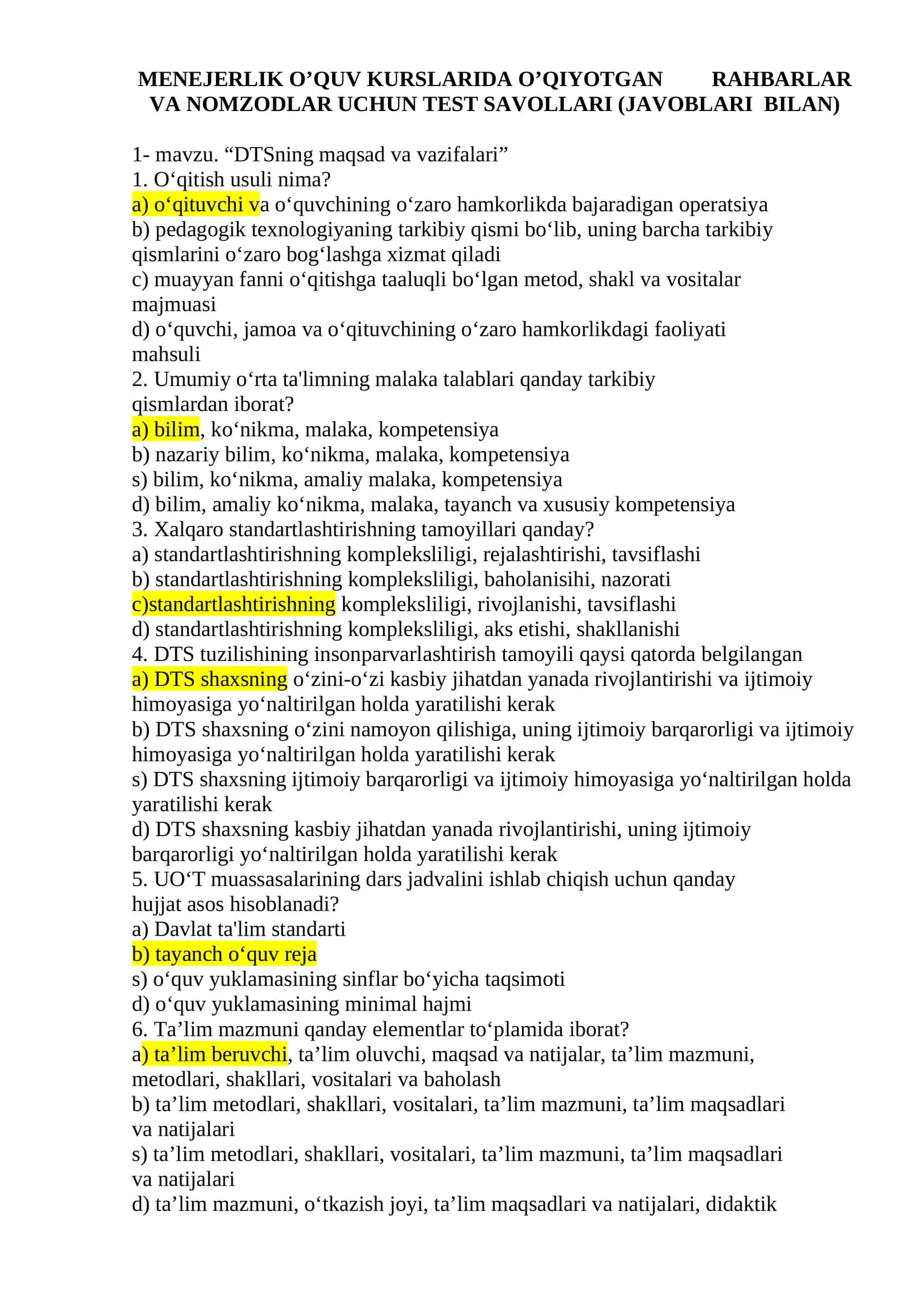 MENEJERLIK O’QUV KURSLARIDA O’QIYOTGAN RAHBARLAR VA NOMZODLAR UCHUN TEST SAVOLLARI (JAVOBLARI BILAN)