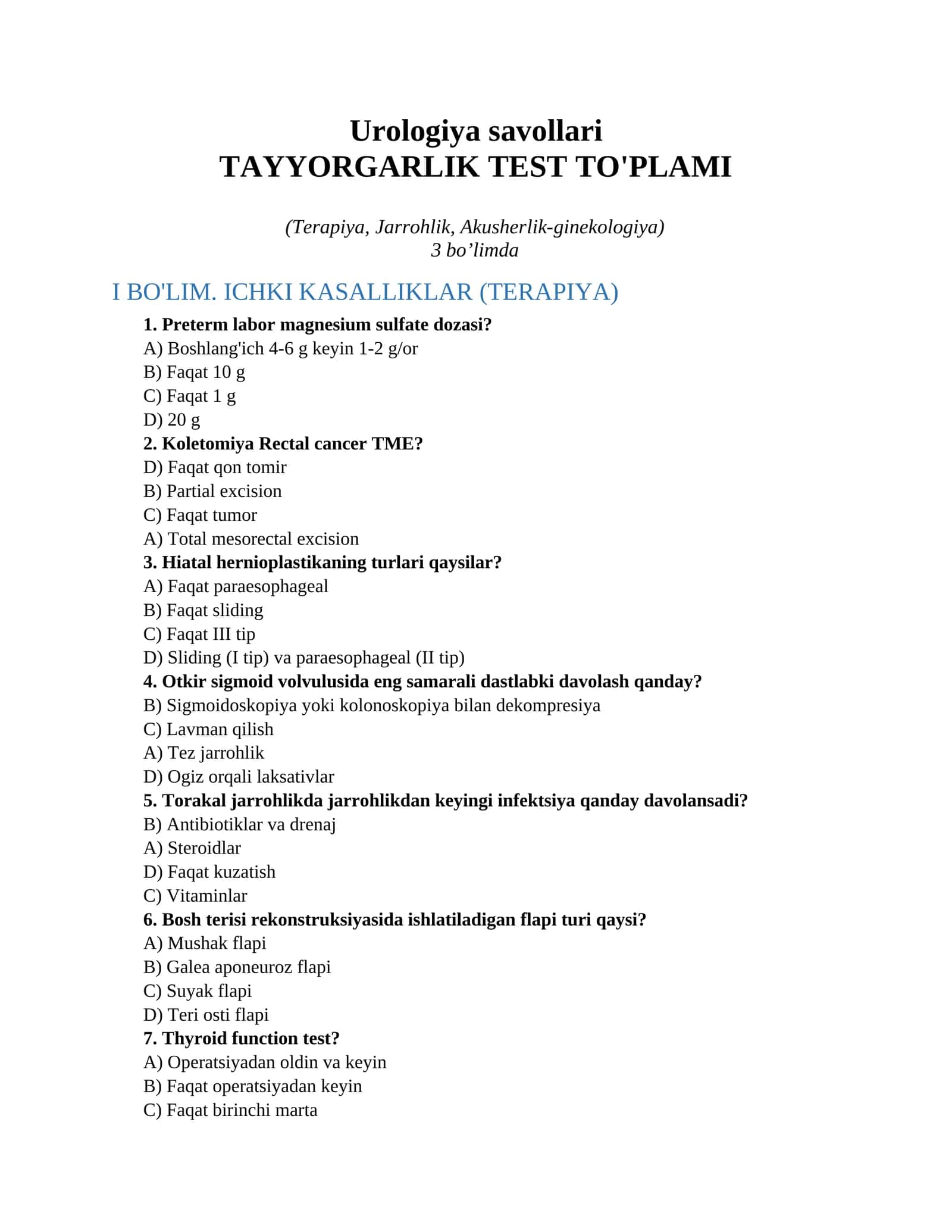 Urologiya savollari