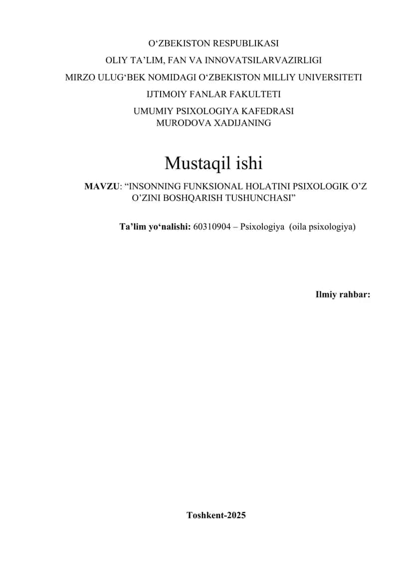 INSONNING FUNKSIONAL HOLATINI PSIXOLOGIK O’Z O’ZINI BOSHQARISH TUSHUNCHASI