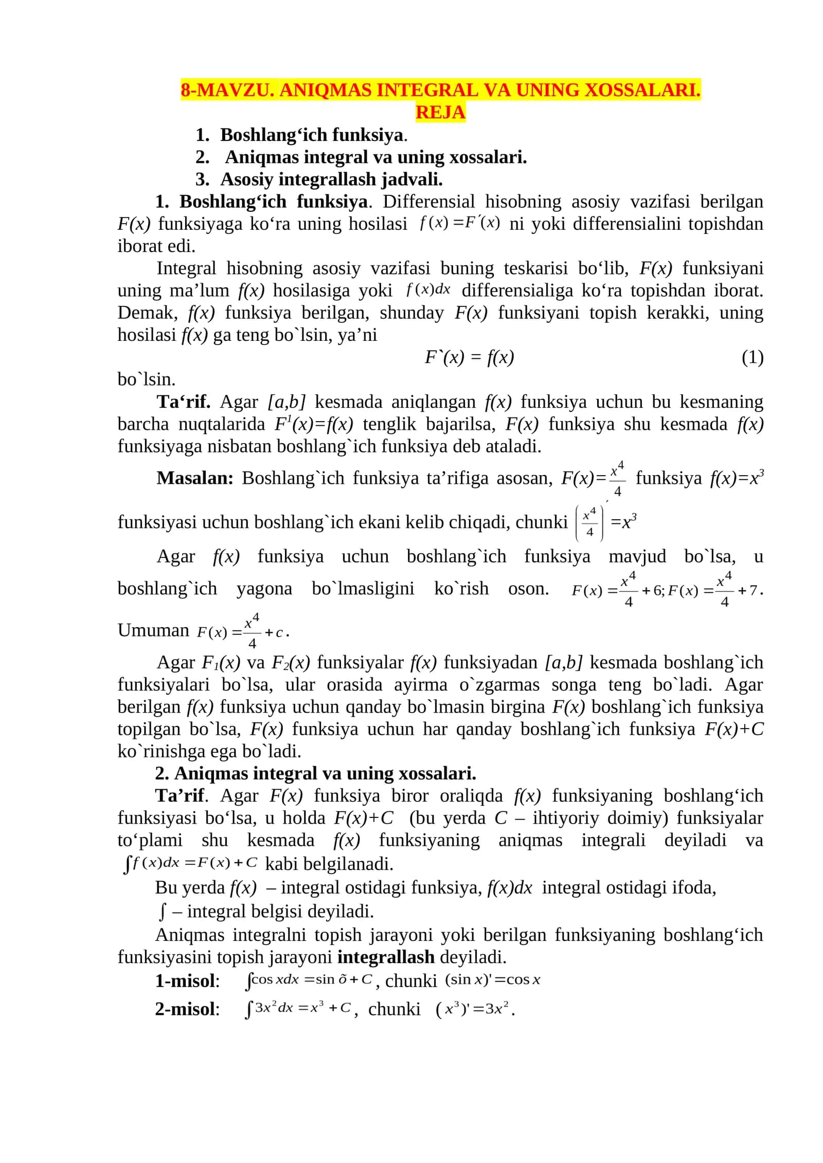 ANIQMAS INTEGRAL VA UNING XOSSALARI