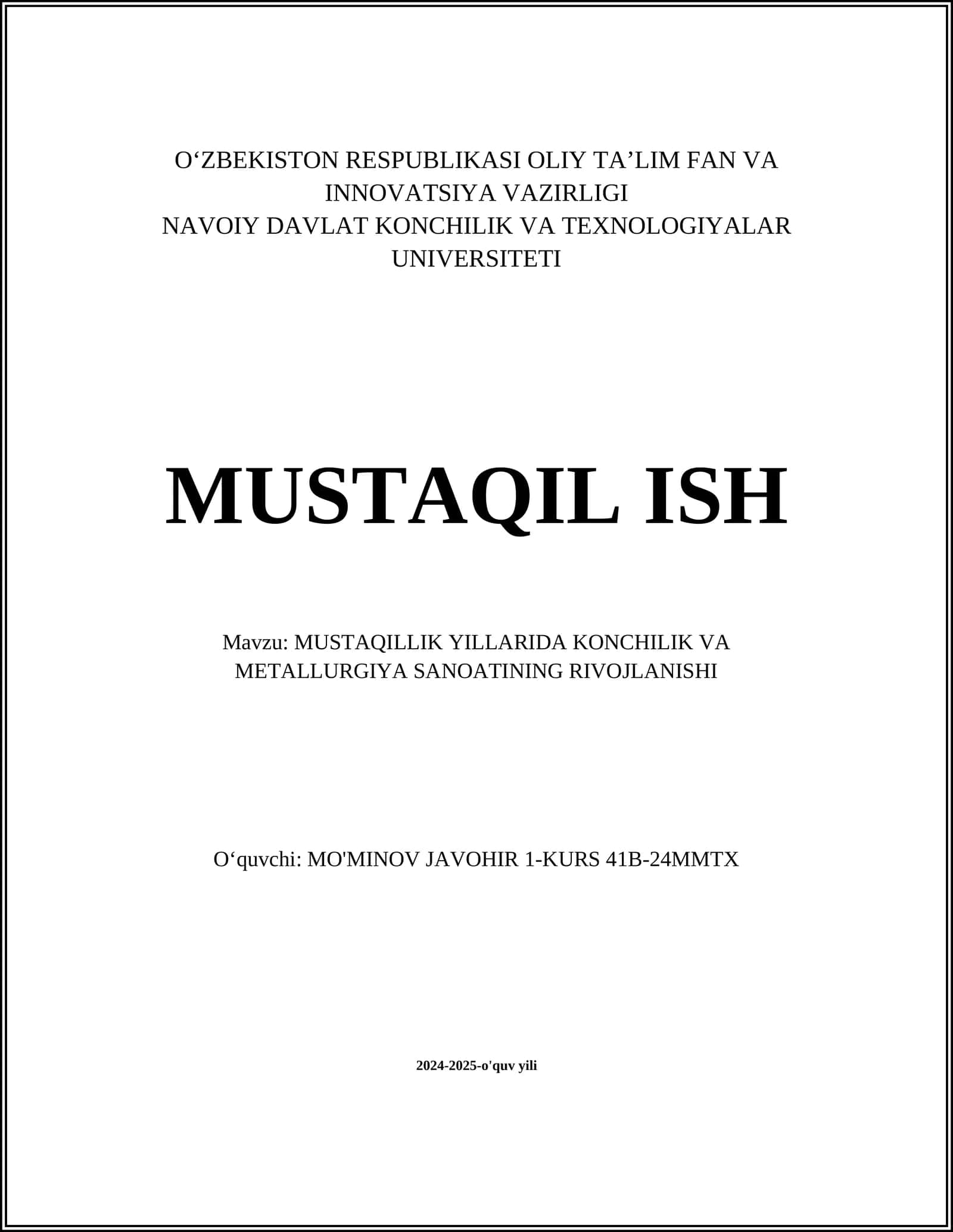MUSTAQILLIK YILLARIDA KONCHILIK VA METALLURGIYA SANOATINING RIVOJLANISHI