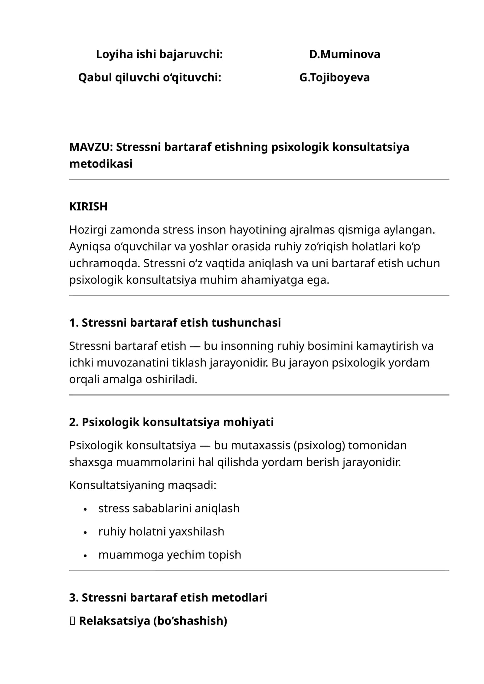 Stressni bartaraf etishning psixologik konsultatsiya metodikasi