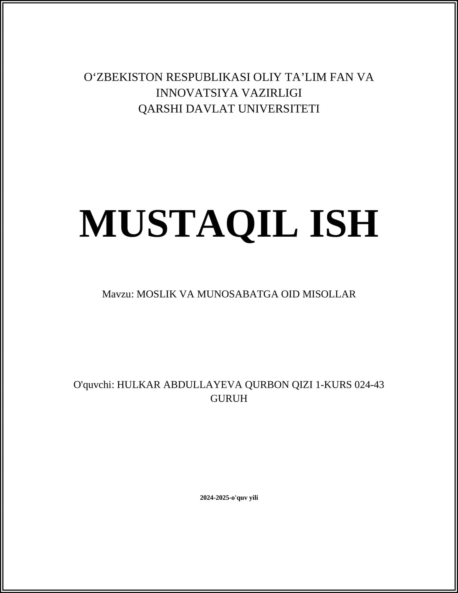 MOSLIK VA MUNOSABATGA OID MISOLLAR