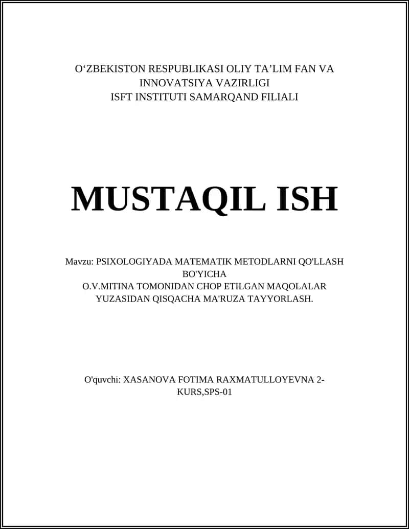 PSIXOLOGIYADA MATEMATIK METODLARNI QO'LLASH BO'YICHA