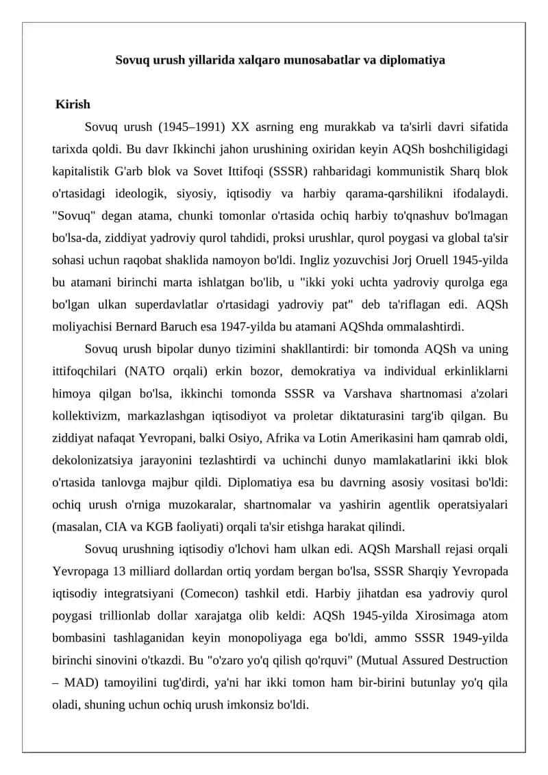 Sovuq urush yillarida xalqaro munosabatlar va diplomatiya