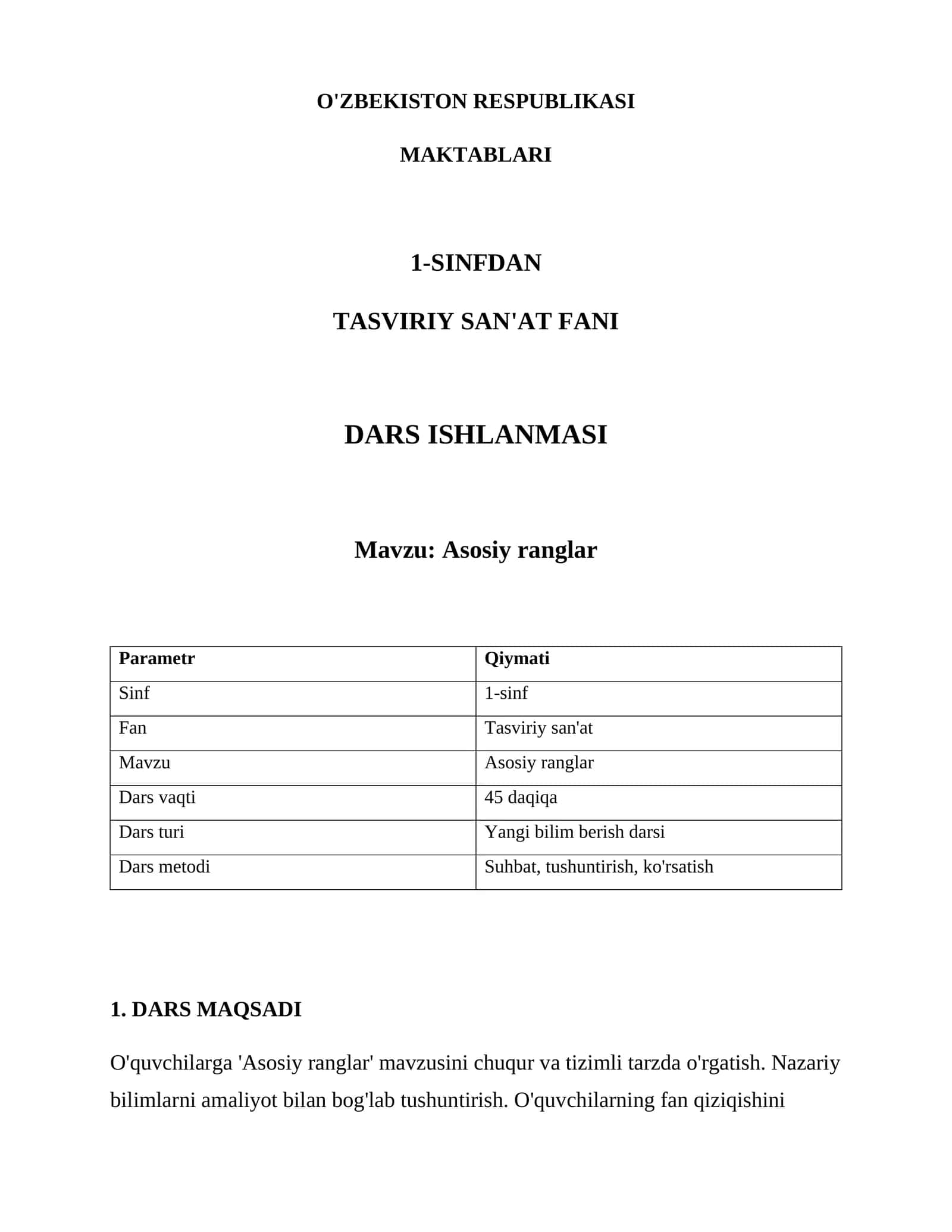 TASVIRIY SAN'AT FANI DARS ISHLANMASI