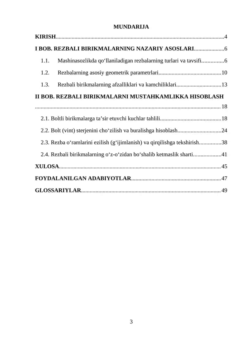 Rezbali birikmalarning nazariy asoslari