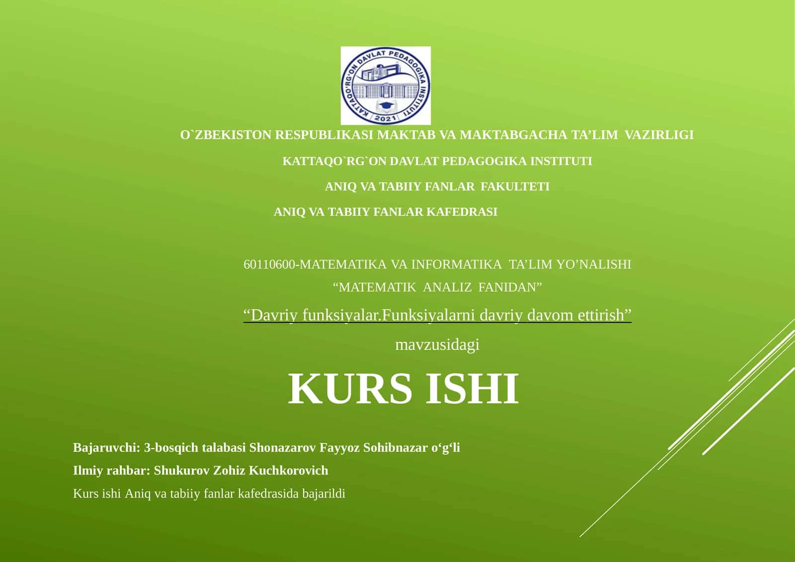 Davriy funksiyalar.Funksiyalarni davriy davom ettirish