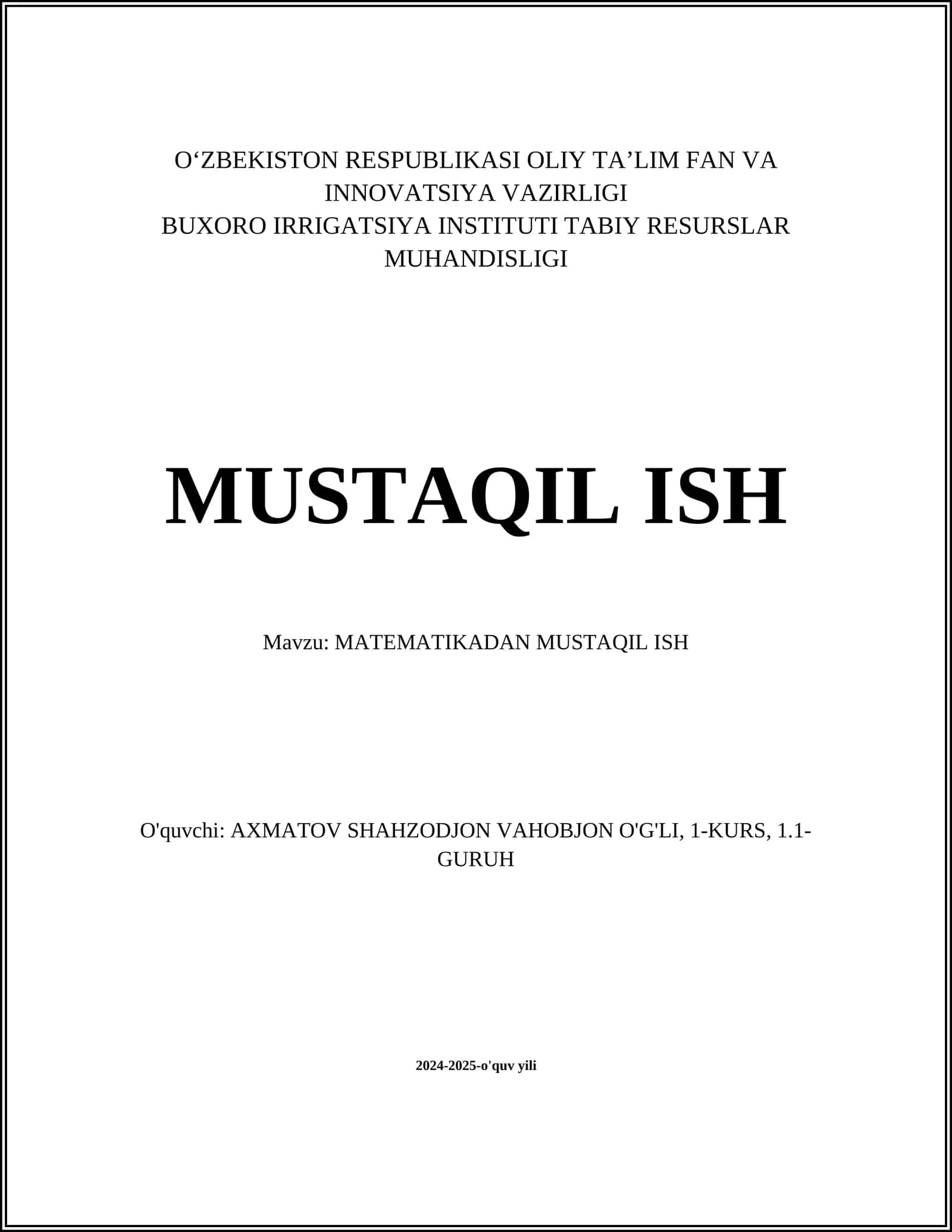 MATEMATIKADAN MUSTAQIL ISH