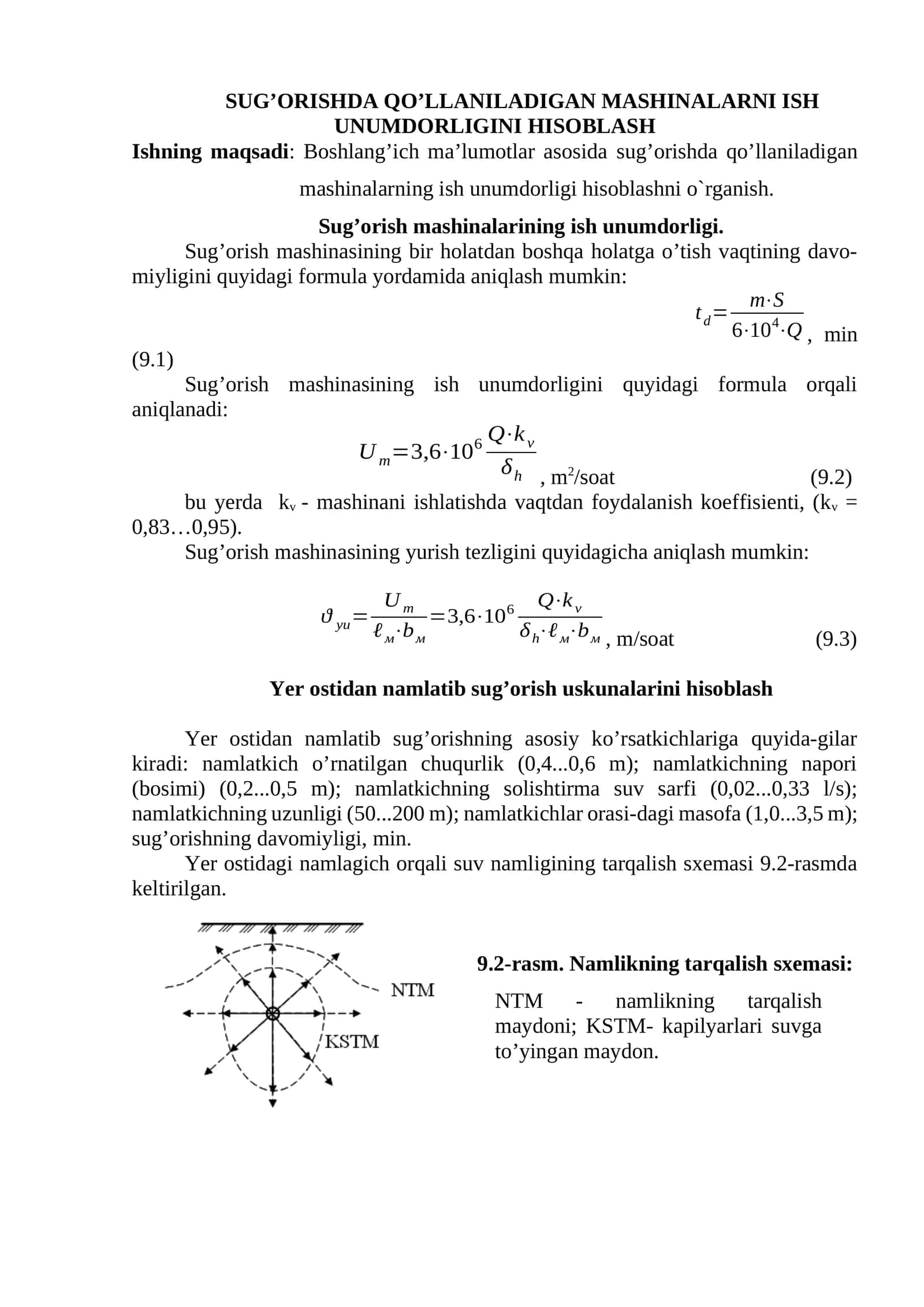 Sug’ORISHDA QO’LLANILADIGAN MASHINALARNI ISH UNUMDORLIGINI HISOBLASH