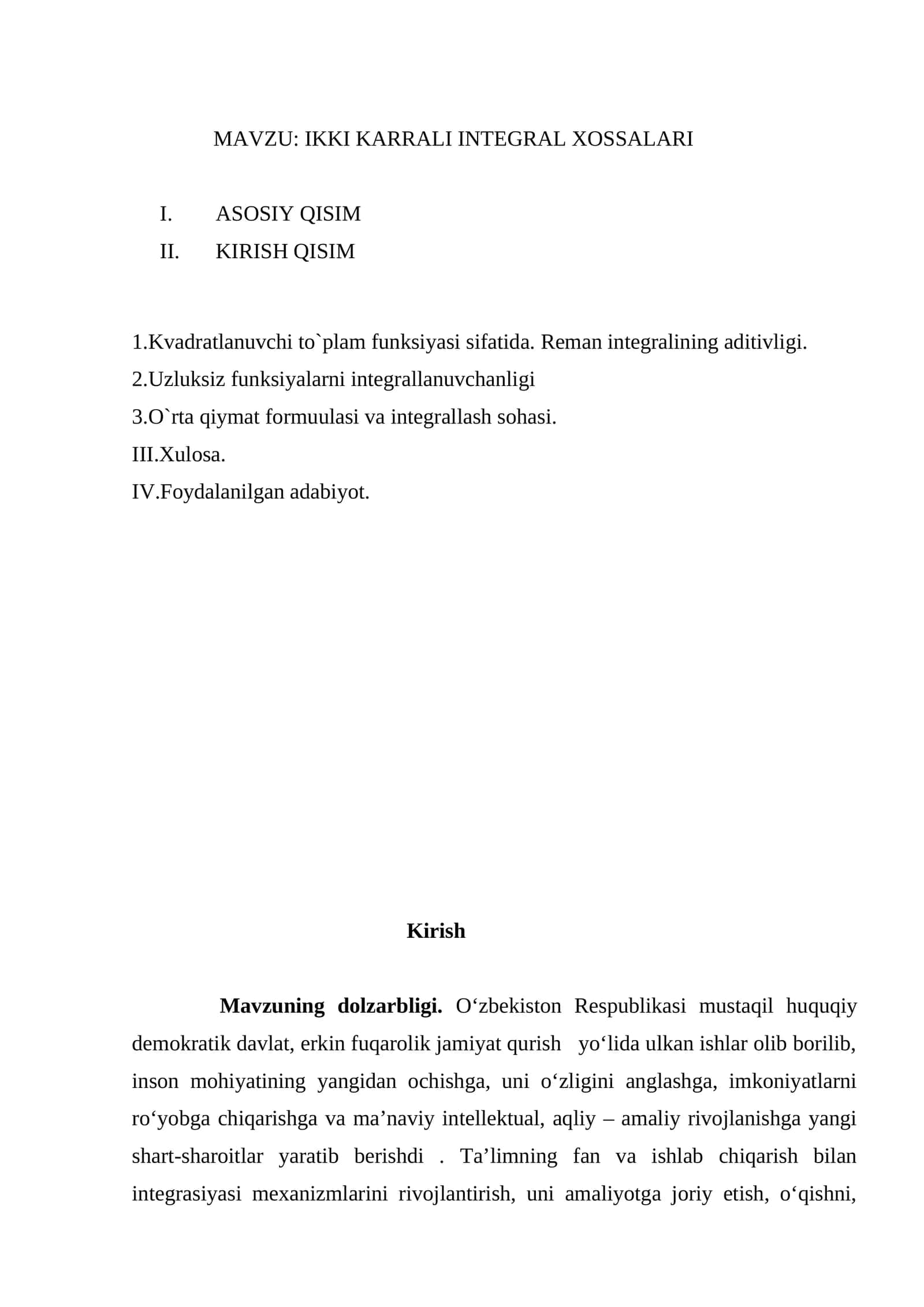 IKKI KARRALI INTEGRAL XOSSALARI
