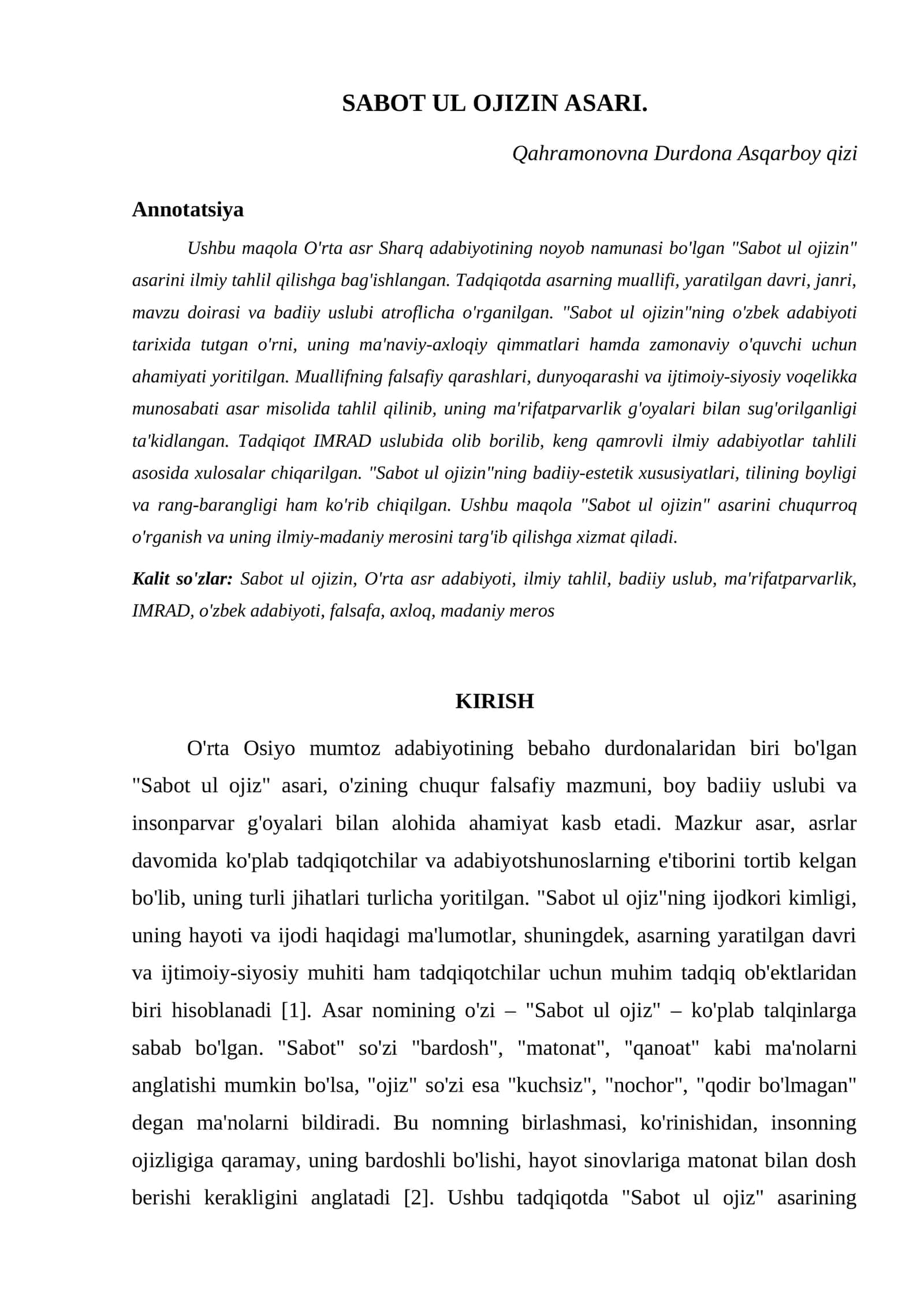SABOT UL OJIZIN ASARI