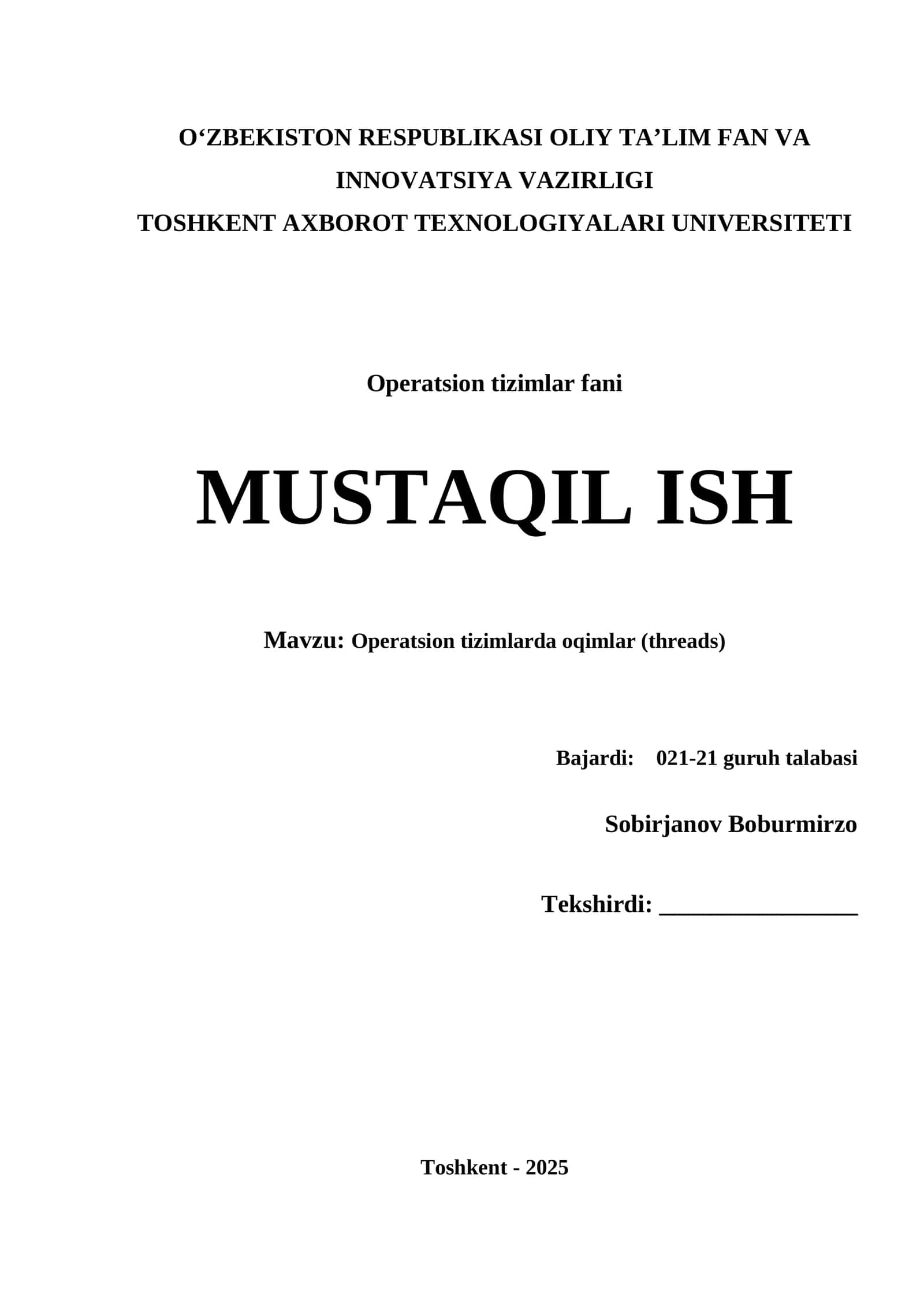 OPERATSION TIZIMLARDA OQIMLAR (THREADS) HAQIDA MA’LUMOT KELTIRING