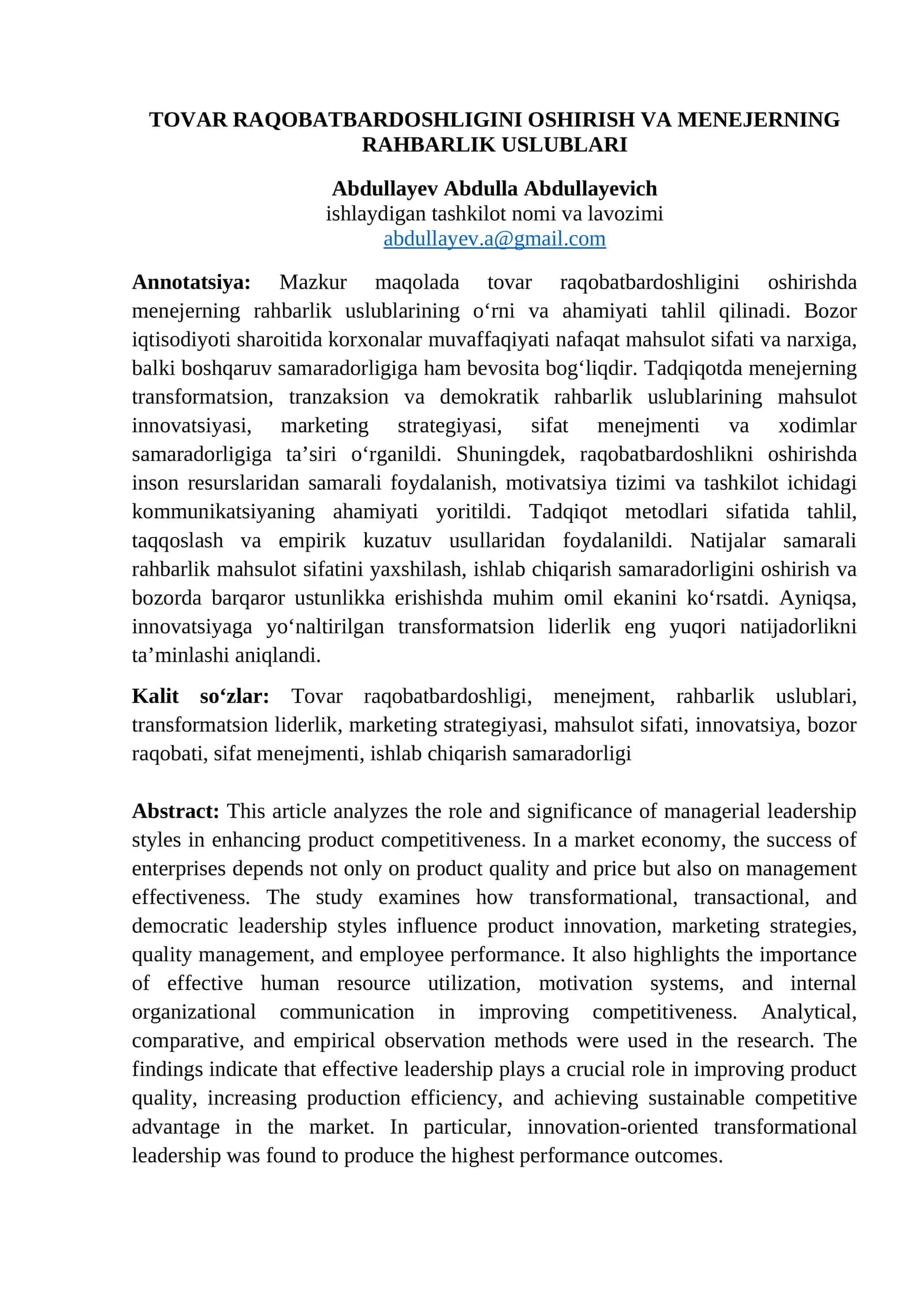 TOVAR RAQOBATBARDOSHLIGINI OSHIRISH VA MENEJERNING RAHBARLIK USLUBLARI