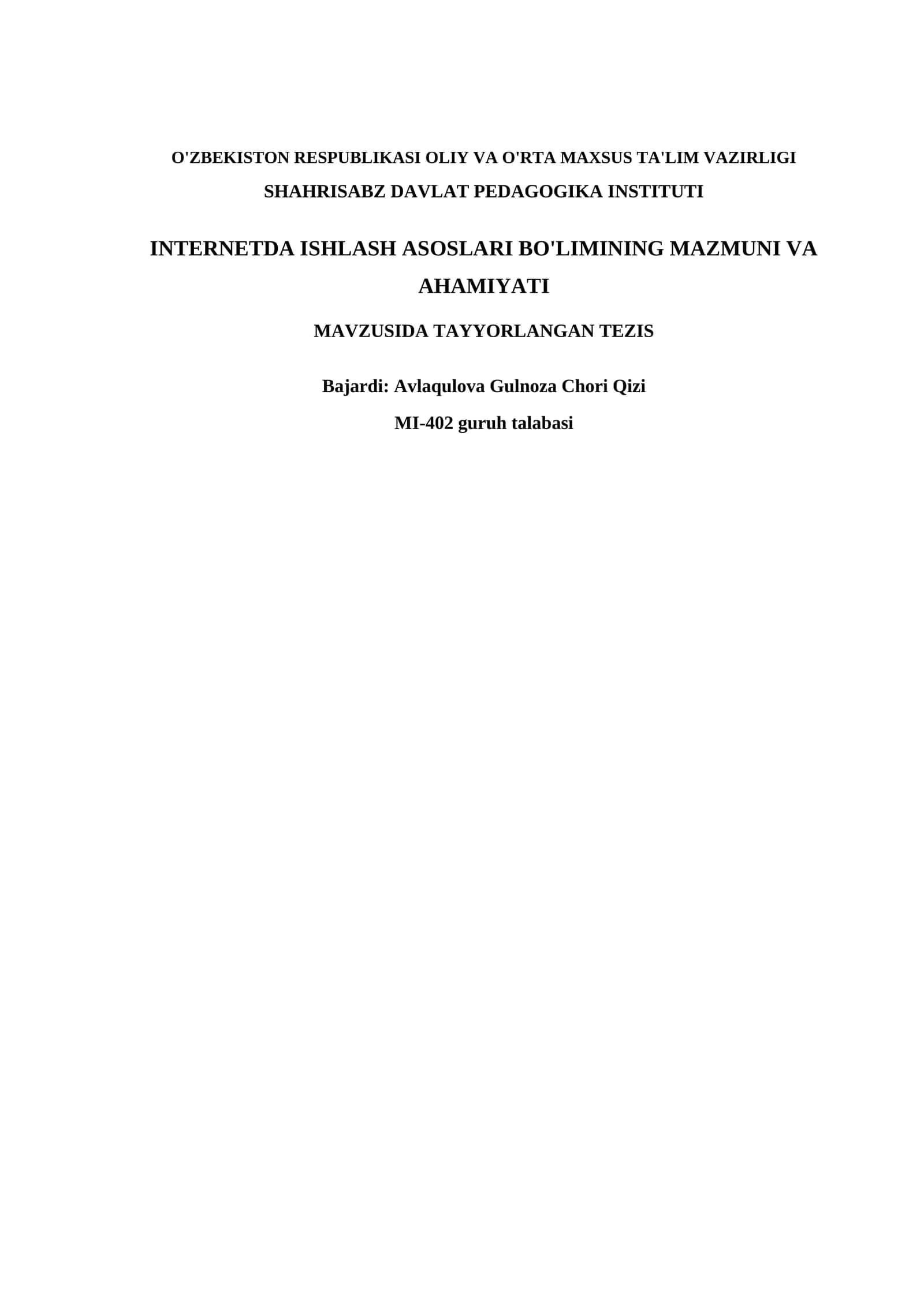 INTERNETDA ISHLASH ASOSLARI BO'LIMINING MAZMUNI VA AHAMIYATI