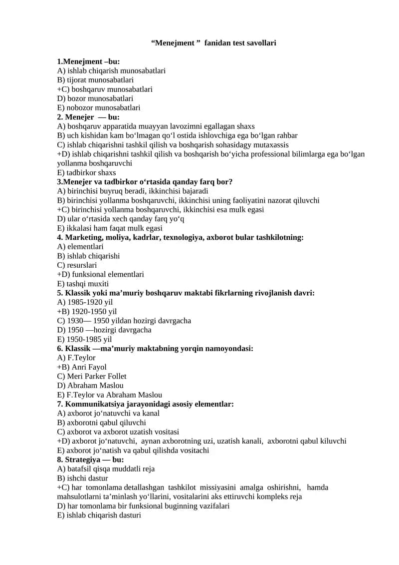Menejment fanidan testlar