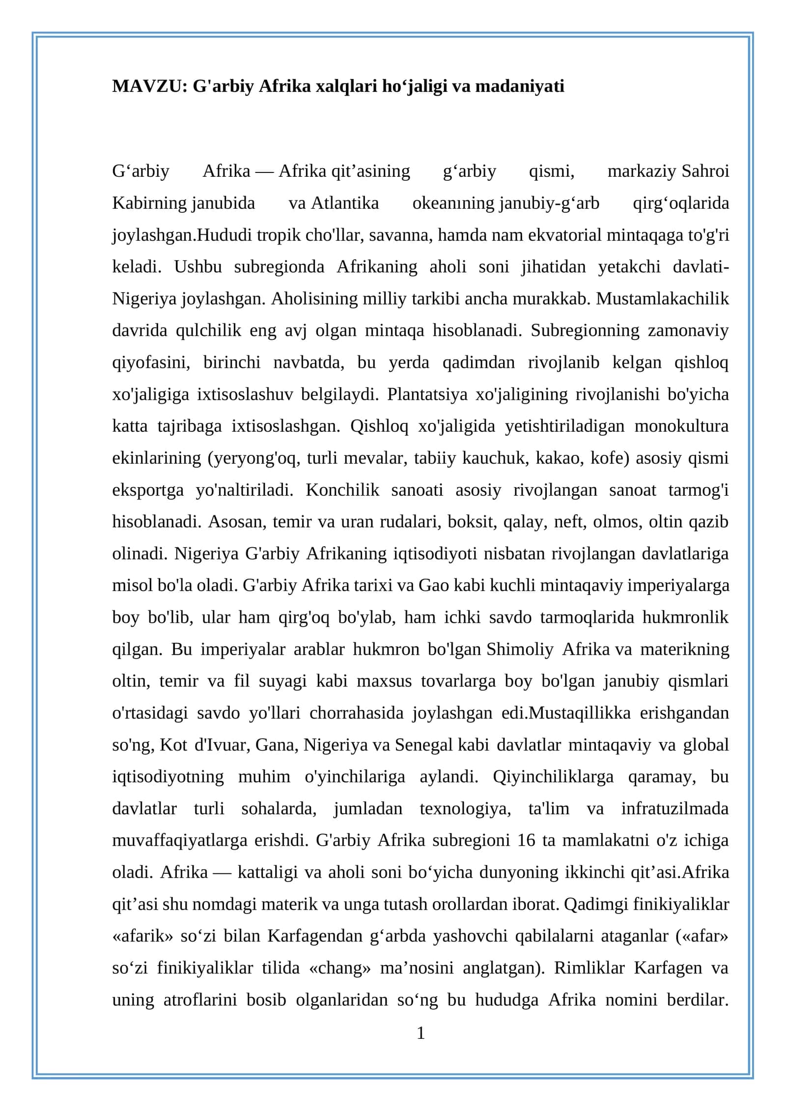 G'arbiy Afrika xalqlari hoʻjaligi va madaniyati