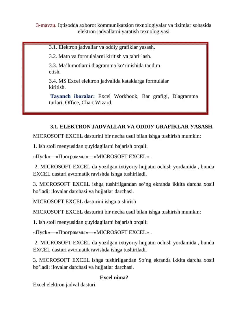 Iqtisodda axborot kommunikatsion texnologiyalar va tizimlar sohasida elektron jadvallarni yaratish texnologiyasi