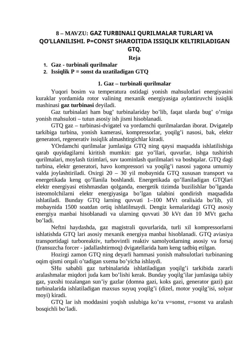 Gaz turbinali qurilmalar turlari va qo’llanilishi