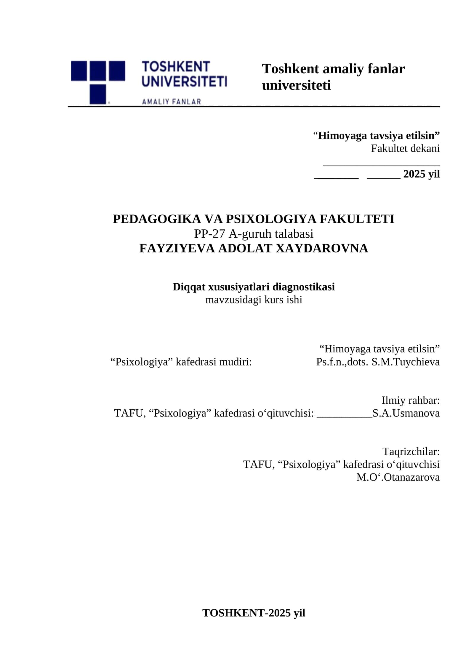 Diqqat xususiyatlari diagnostikasi mavzusidagi kurs ishi