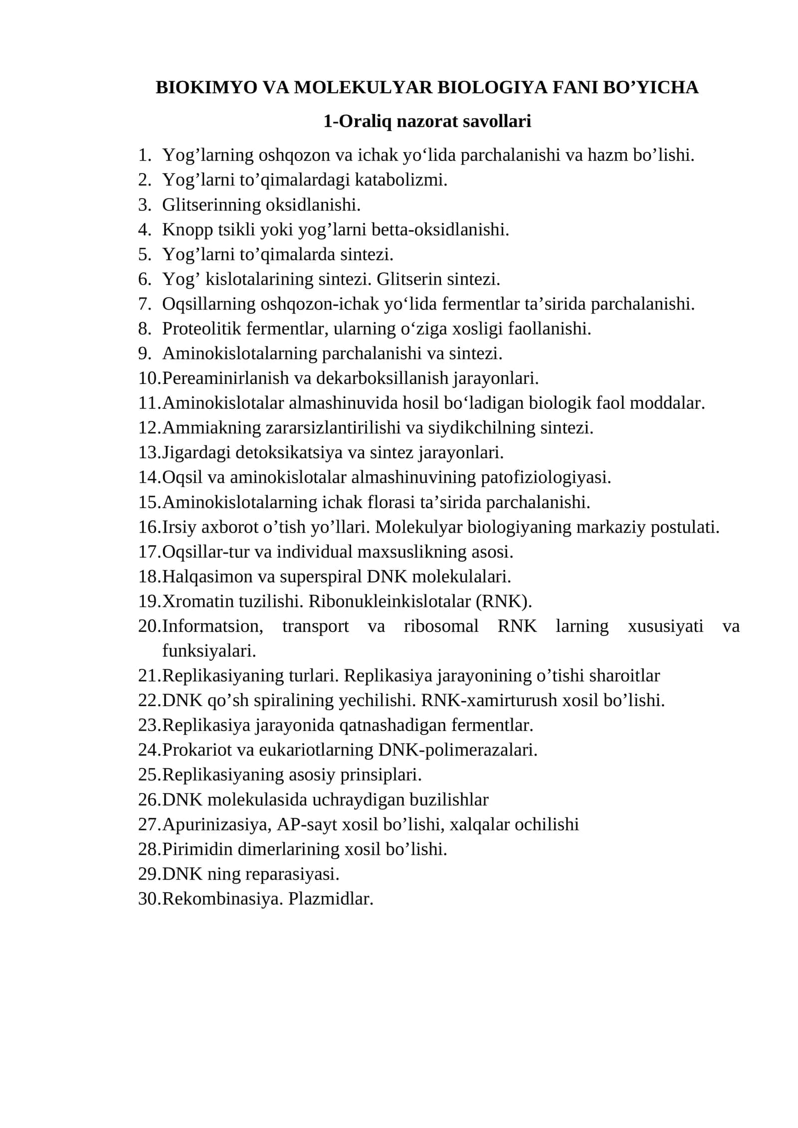BIOKIMYO VA MOLEKULYAR BIOLOGIYA FANI BO’YICHA