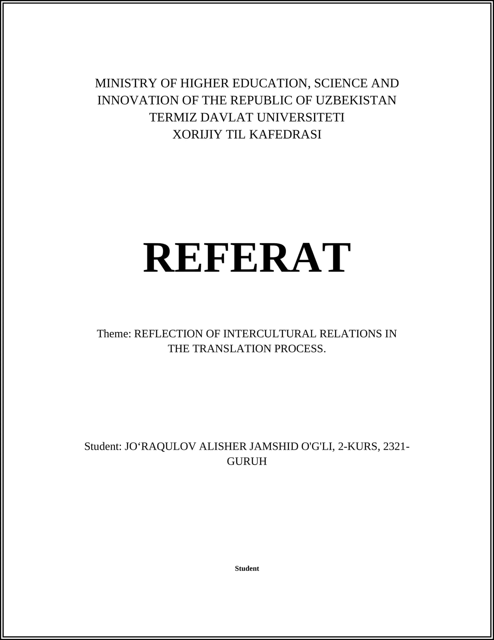REFLECTION OF INTERCULTURAL RELATIONS IN THE TRANSLATION PROCESS