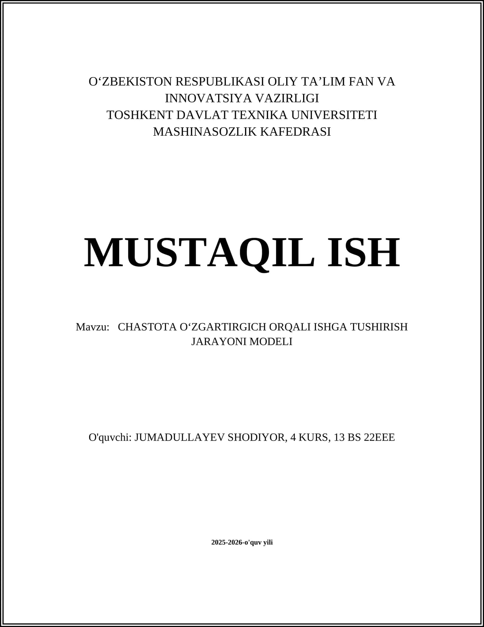 CHASTOTA O‘ZGARTIRGICH ORQALI ISHGA TUSHIRISH JARAYONI MODELI