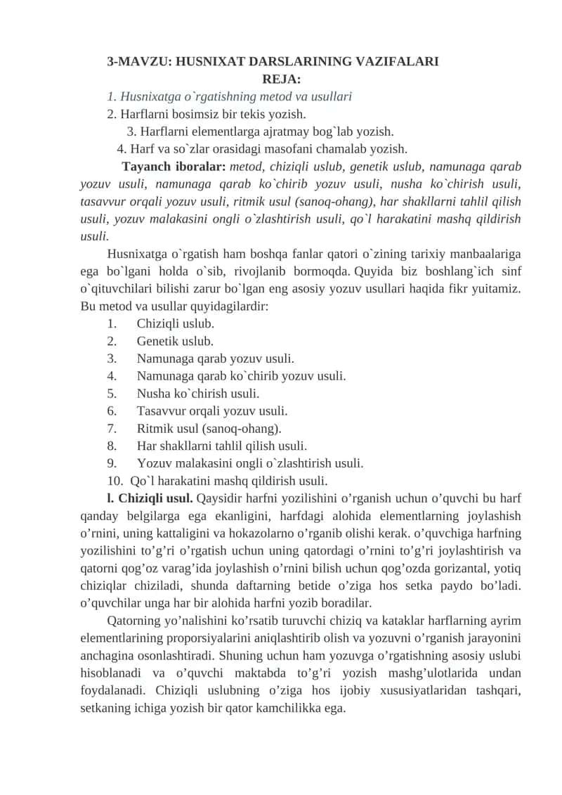 HUSNIXAT DARSLARINING VAZIFALARI