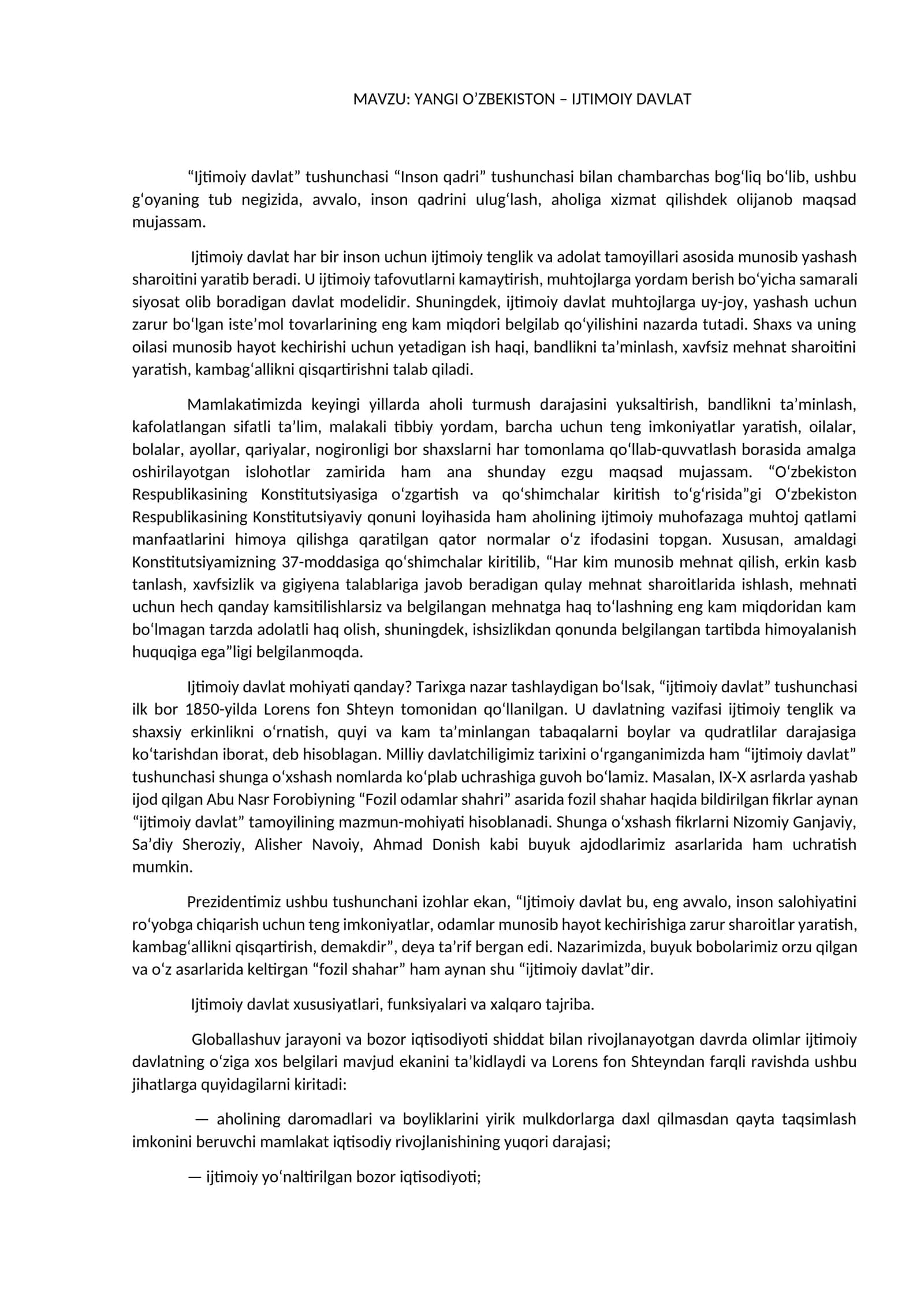YANGI O’ZBEKISTON – IJTIMOIY DAVLAT
