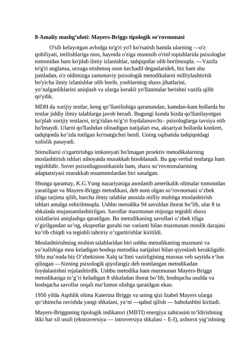 8-Amaliy mashg’uloti: Mayers-Briggs tipologik so'rovnomasi