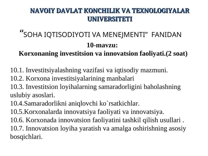 Korxonaning investitsion va innovatsion faoliyati