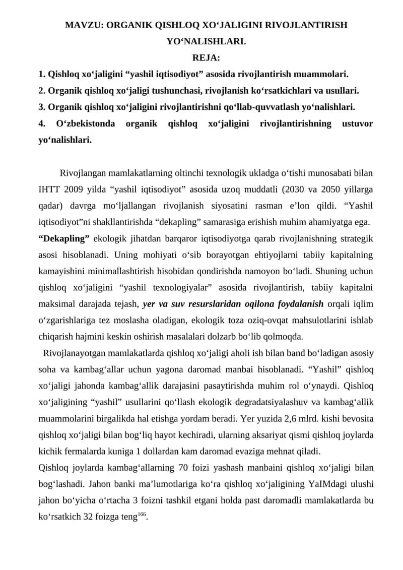 ORGANIK QISHLOQ XO‘JALIGINI RIVOJLANTIRISH YO‘NALISHLARI.