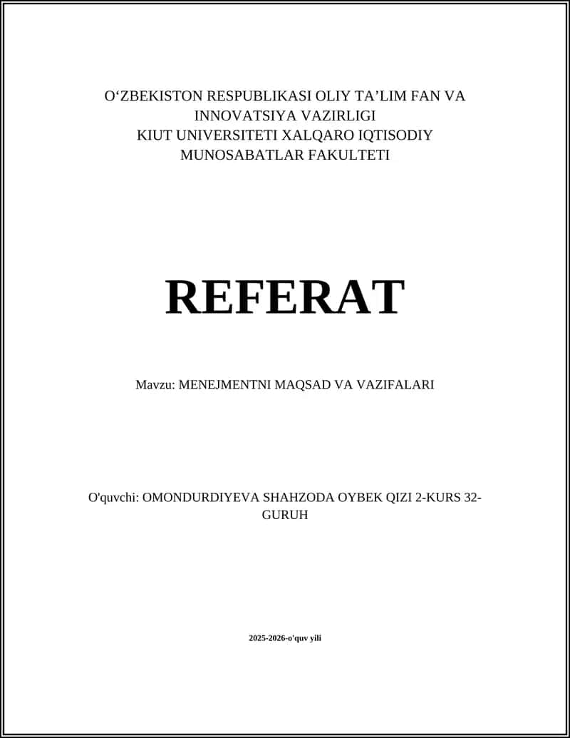 MENEJMENTNI MAQSAD VA VAZIFALARI