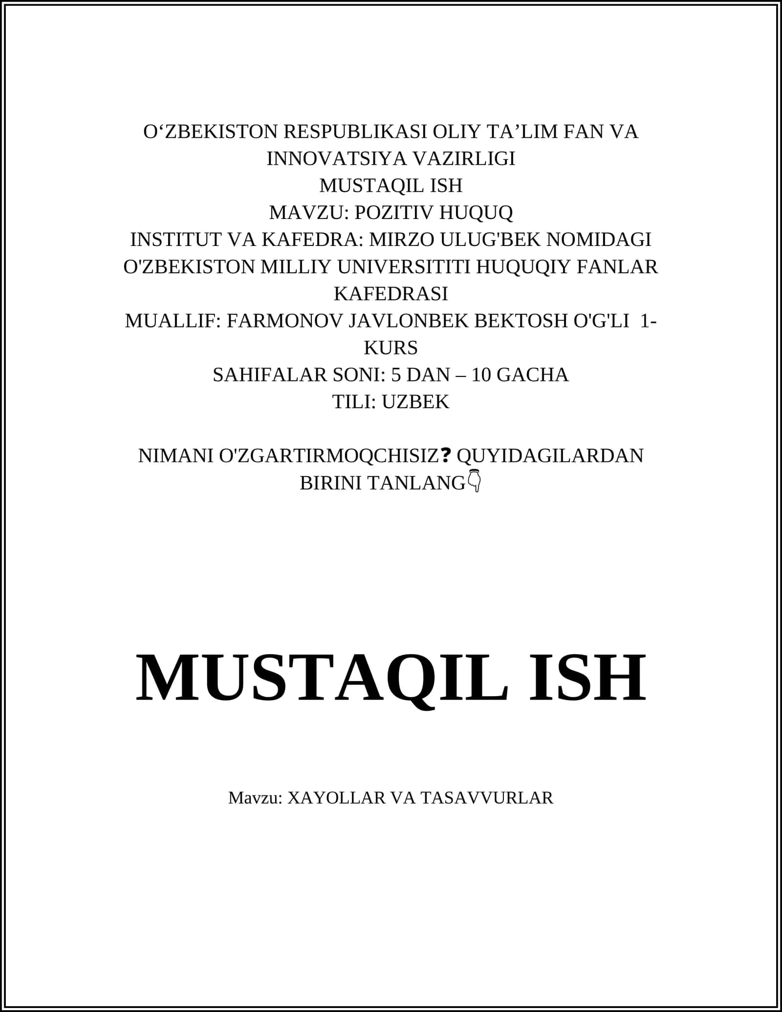 XAYOLLAR VA TASAVVURLAR